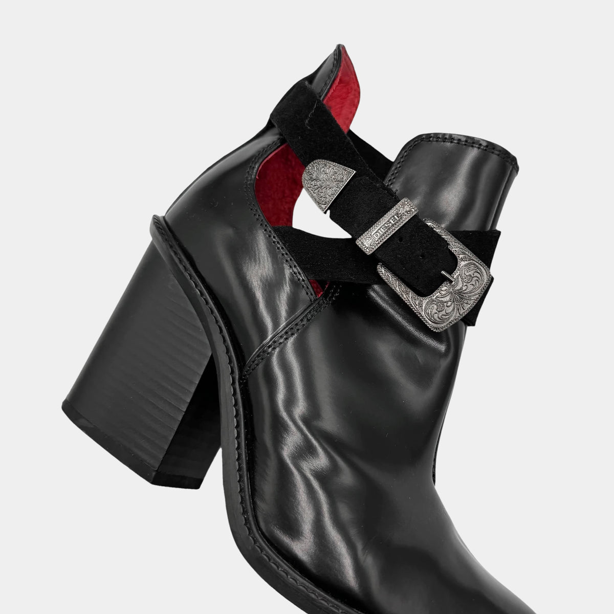 Diesel Black Leather Western Buckle Ankle Boots