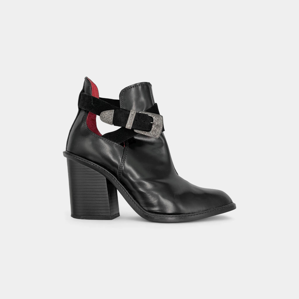 Diesel Black Leather Western Buckle Ankle Boots