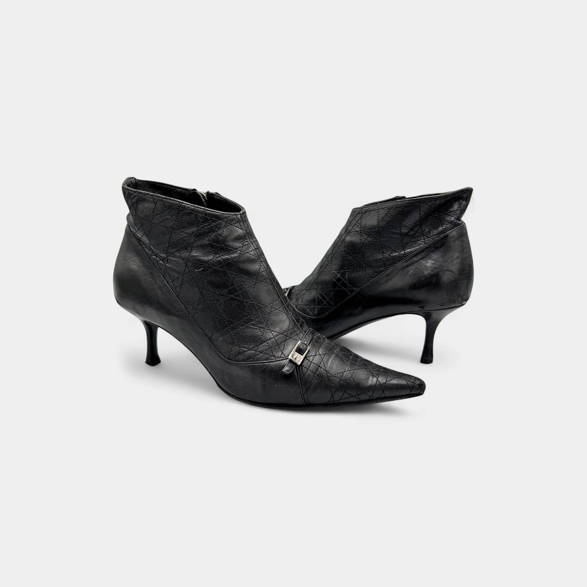 Christian Dior Black Cannage Leather Pointed Kitten-Heel Boots