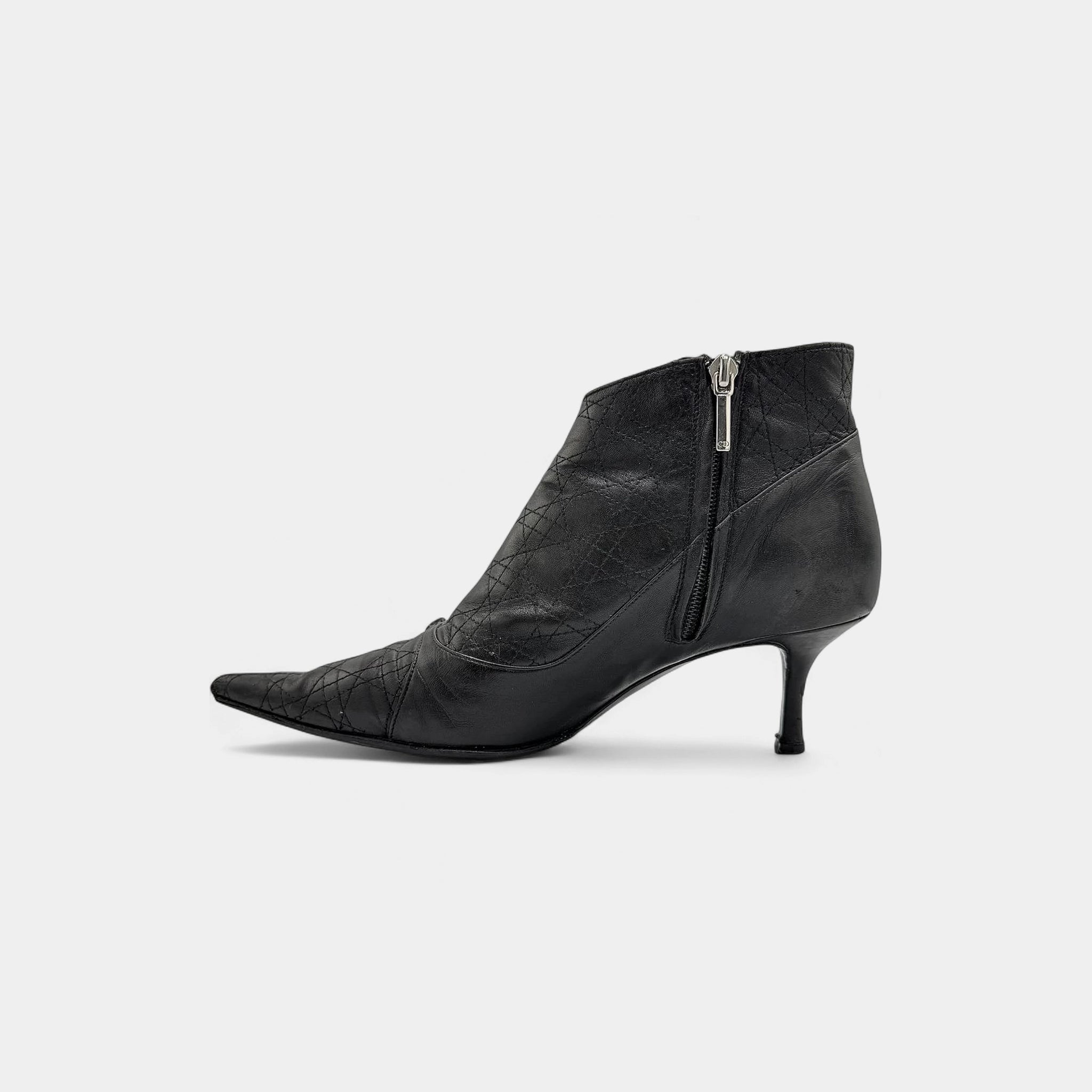Christian Dior Black Cannage Leather Pointed Kitten-Heel Boots