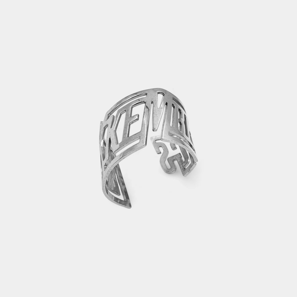 Dirk Bikkembergs Silver Cut-Out Text Open Cuff Bracelet