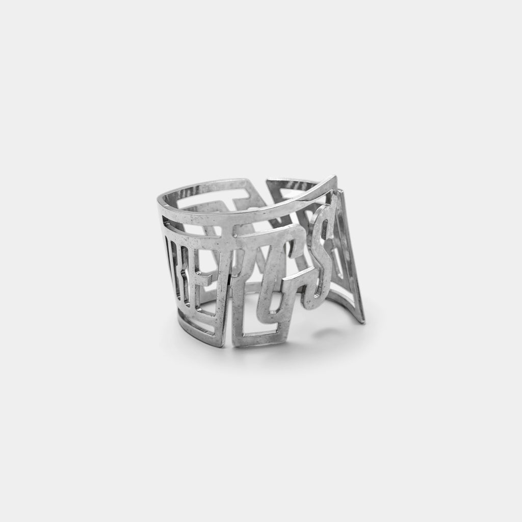 Dirk Bikkembergs Silver Cut-Out Text Open Cuff Bracelet