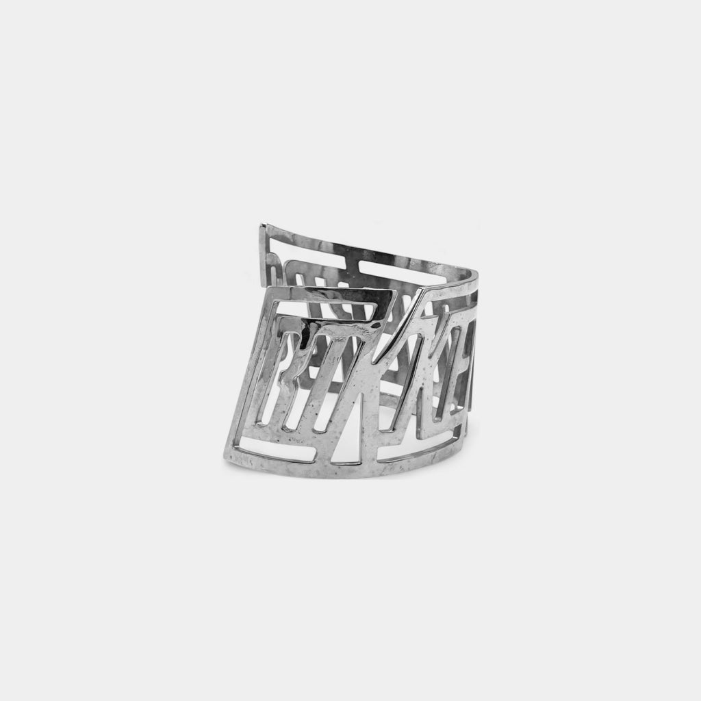 Dirk Bikkembergs Silver Cut-Out Text Open Cuff Bracelet