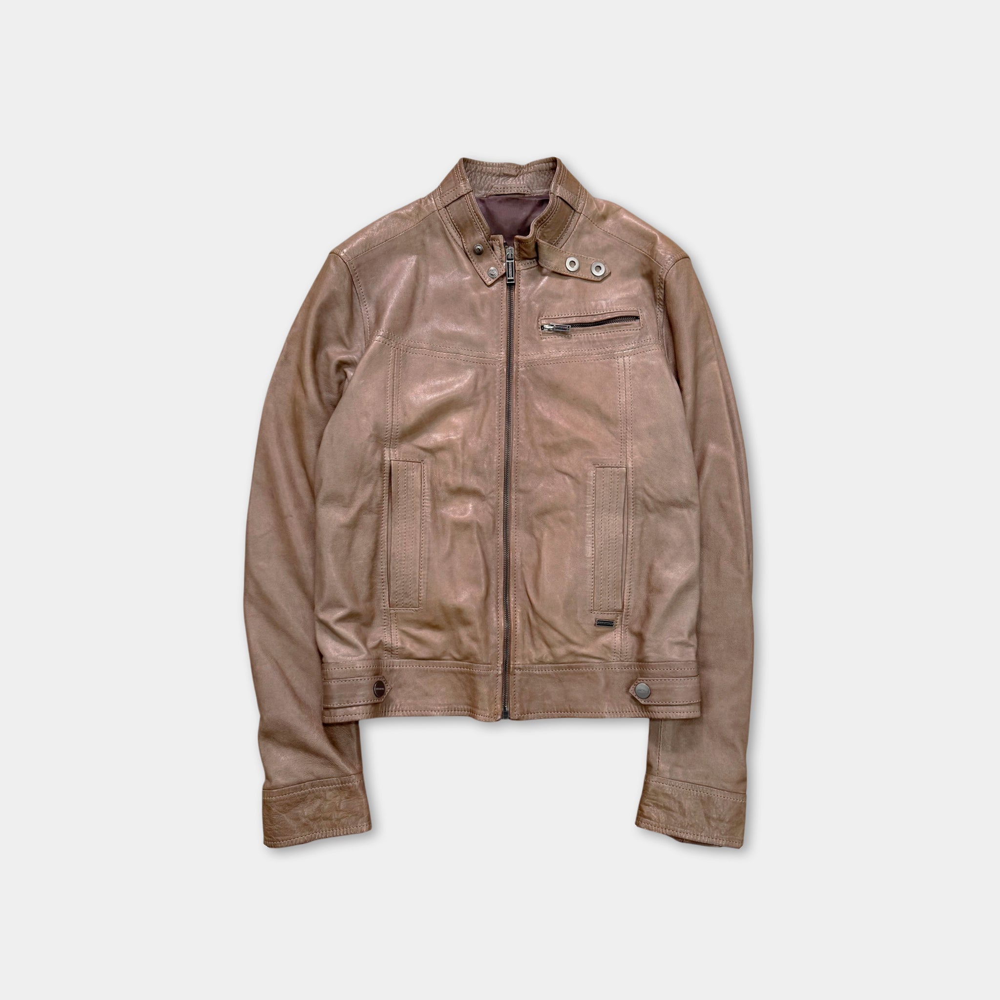 Dirk Bikkembergs Taupe Brown Leather Café Racer Moto Jacket