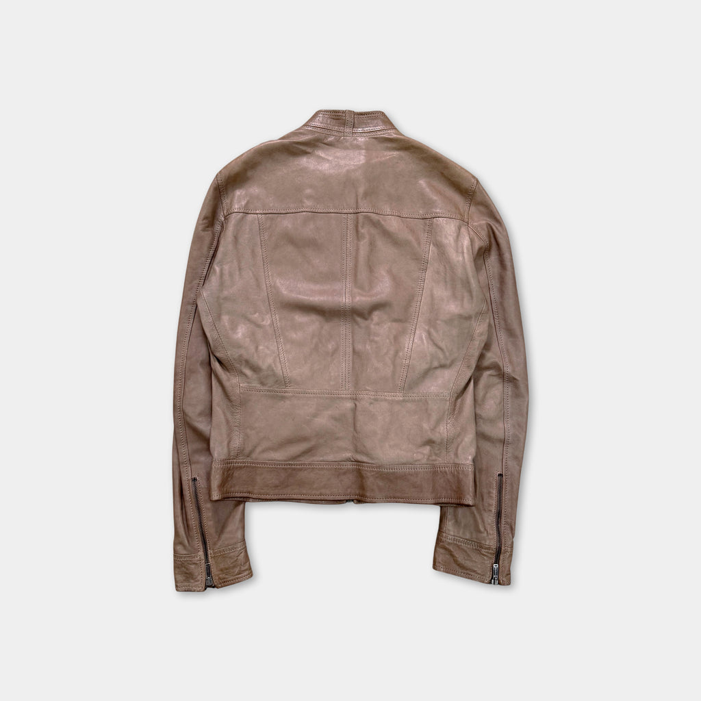 Dirk Bikkembergs Taupe Brown Leather Café Racer Moto Jacket