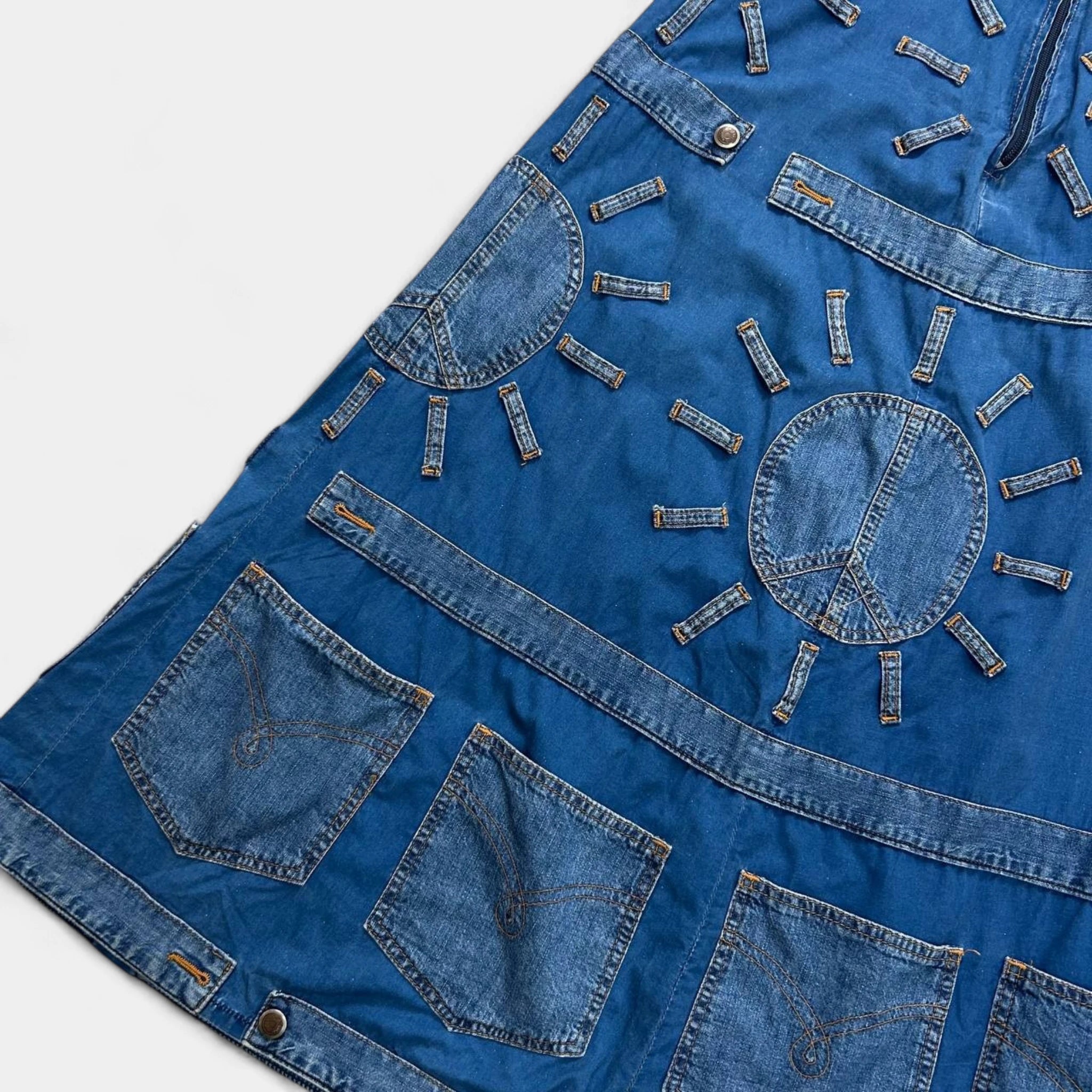 Moschino 1990s Sunburst Denim Patchwork Long Skirt