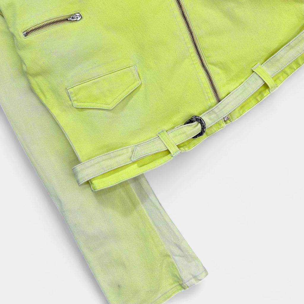 Just Cavalli 2000's Neon Yellow Denim Biker Jacket