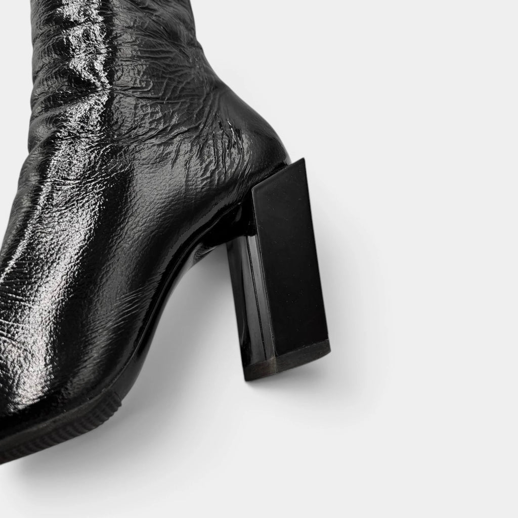 Balenciaga Black Crinkled Patent Leather Sculpted Block Heel Boots