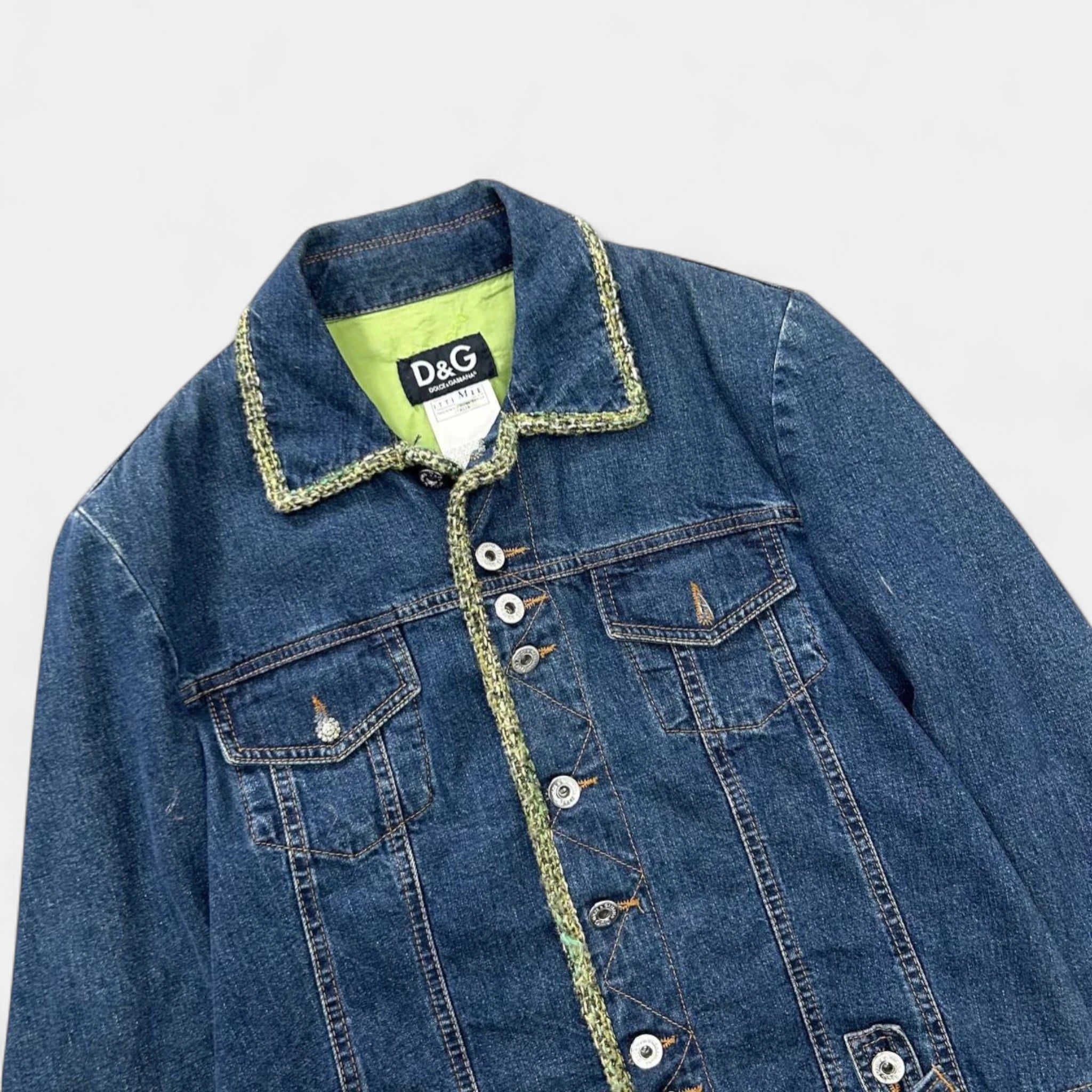 Dolce & Gabbana Denim Blue Denim Jacket with Green Tweed