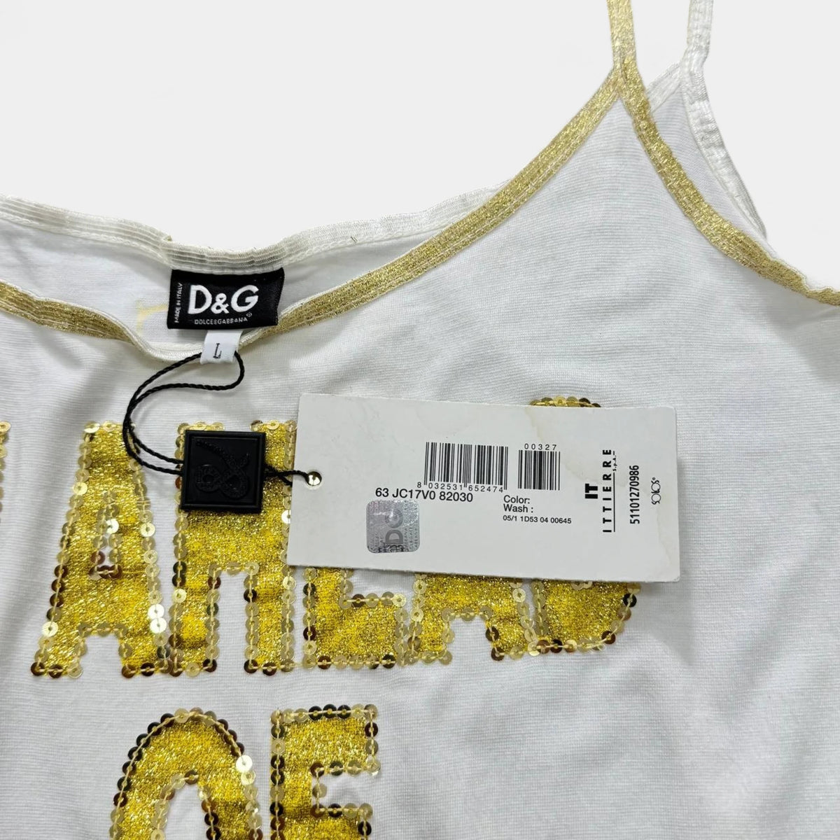 Dolce & Gabbana 2000s 'I'm Ahead of the Times' Gold Sequin Tank Top