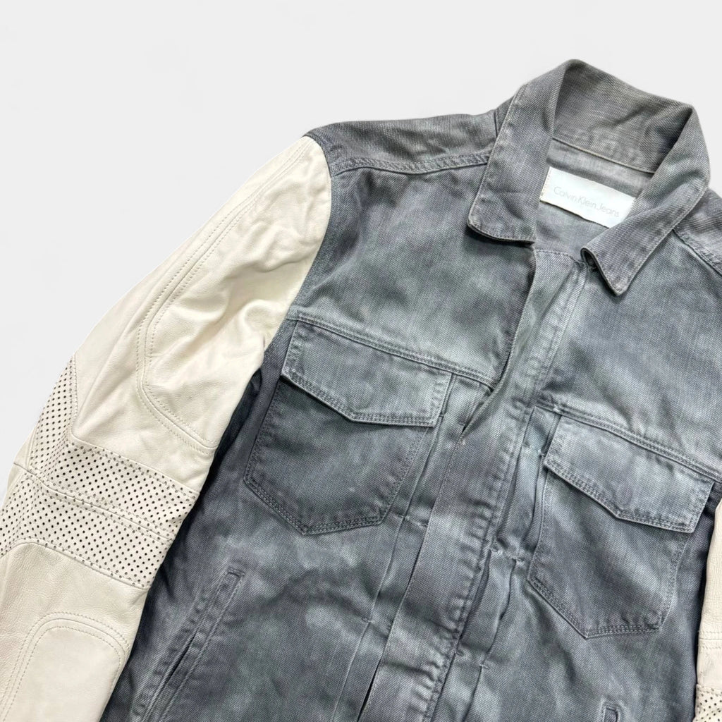 Calvin Klein Grey Denim Leather Biker Jacket
