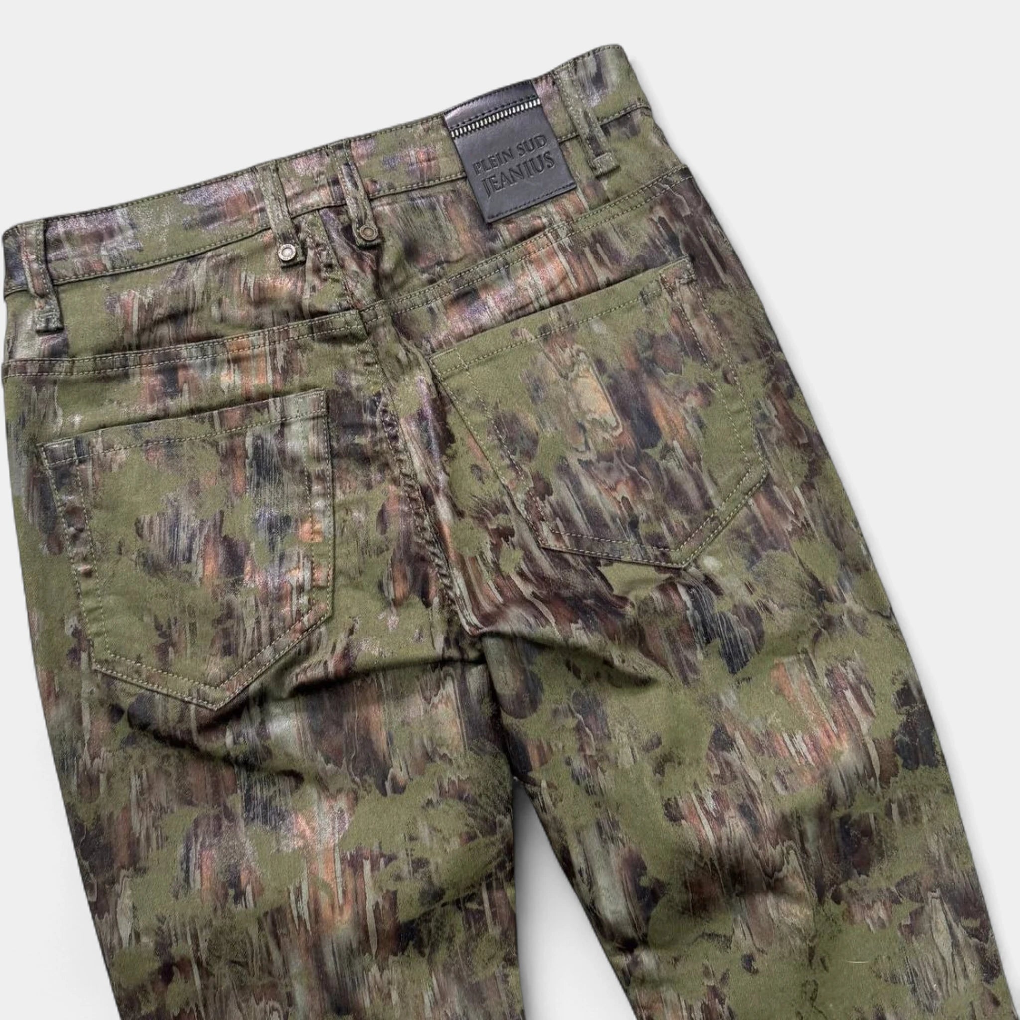 Plein Sud 2000's Olive Abstract Coated Straight-Leg Jeans