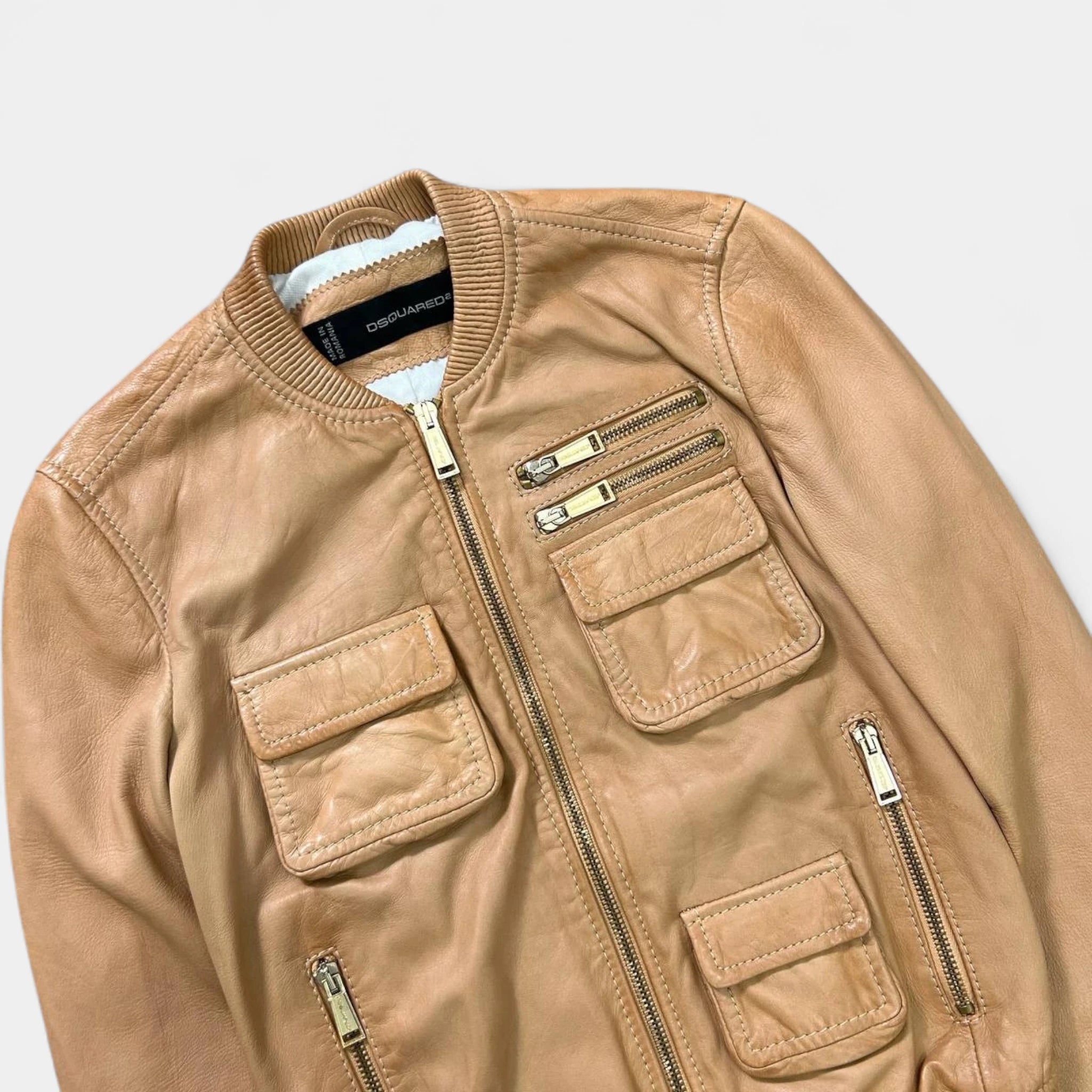 Dsquared2 Beige Leather Cargo Bomber Jacket