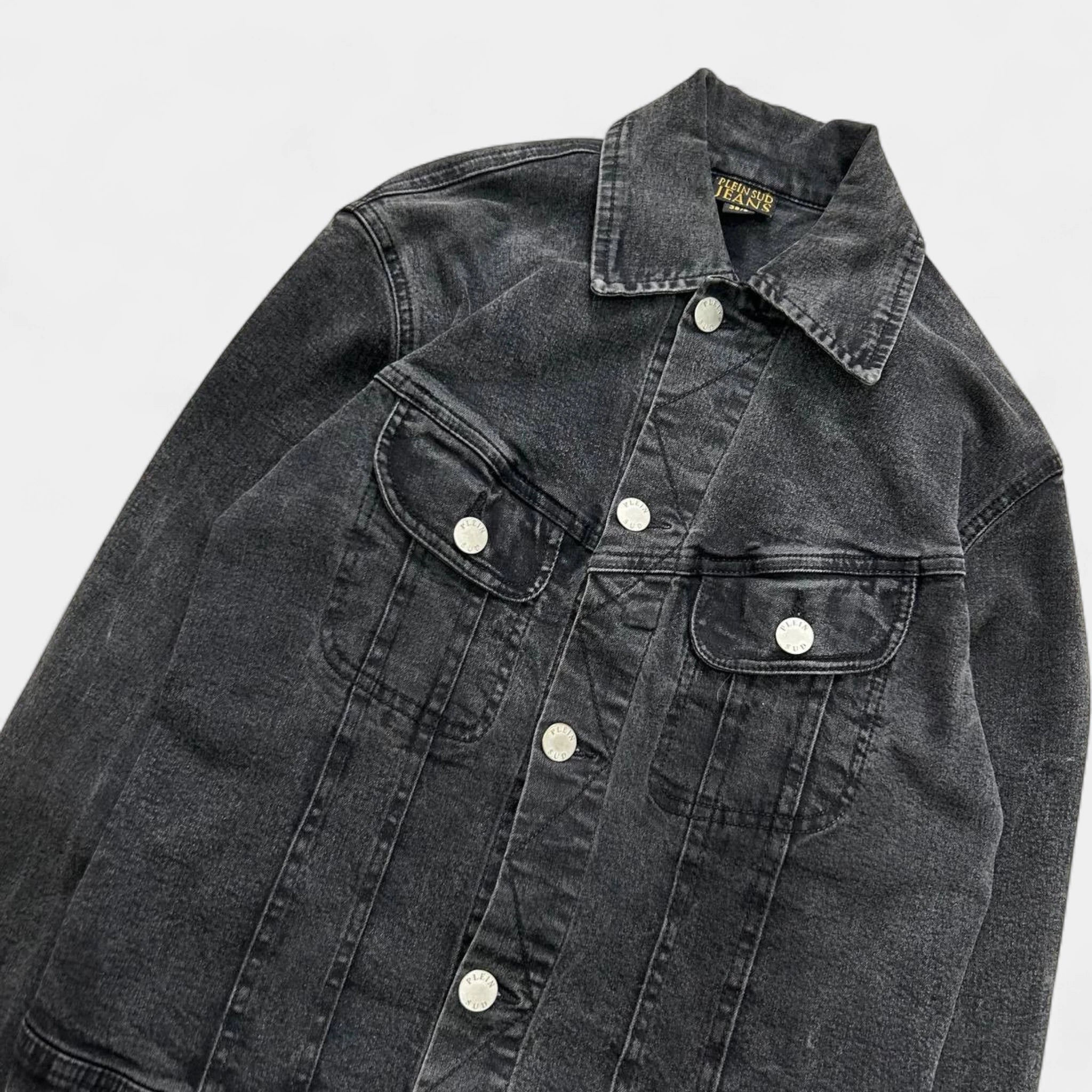 Plein Sud 2000s Grey Washed Denim Trucker Jacket