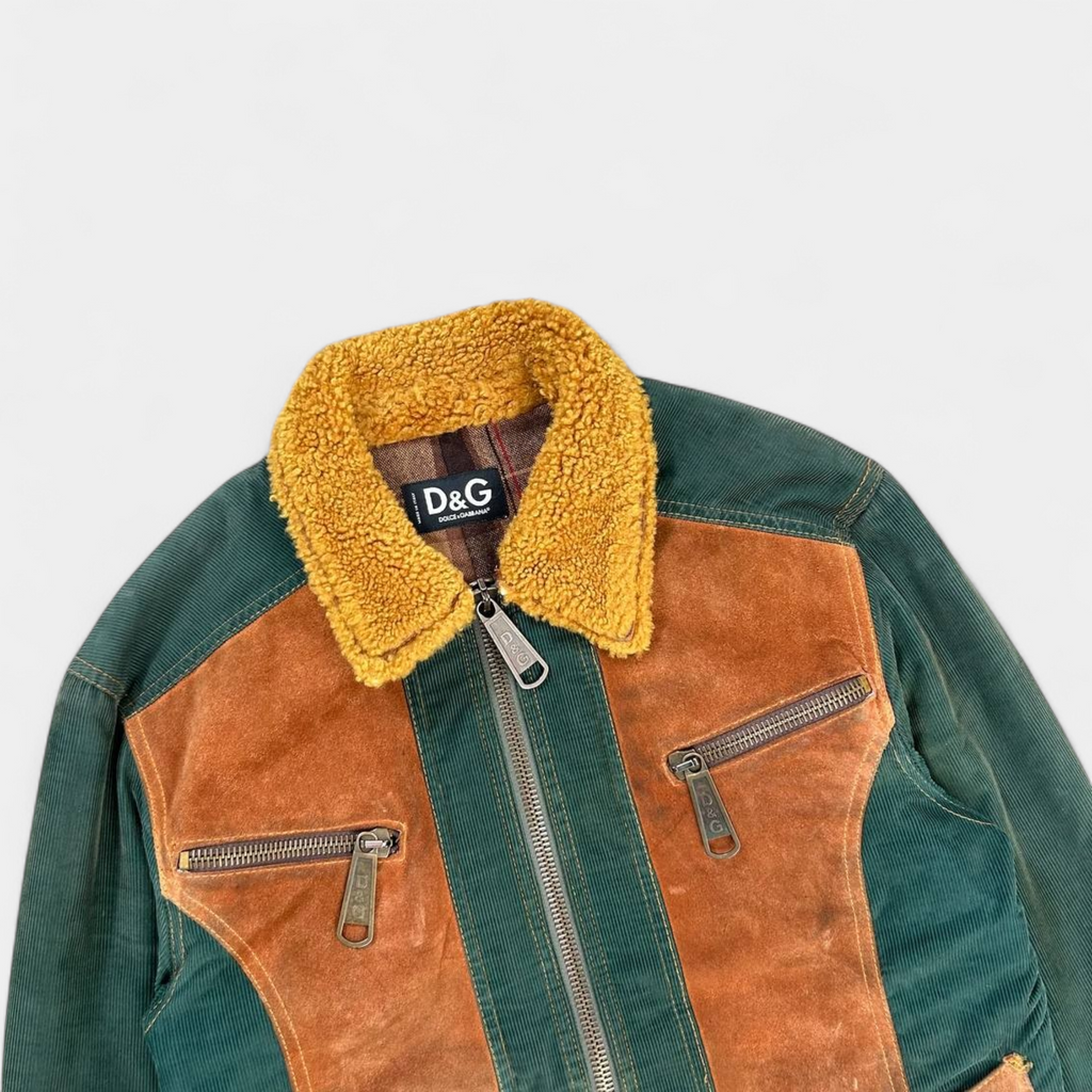Dolce & Gabbana Corduroy Multi-Panel Fur Collar Jacket