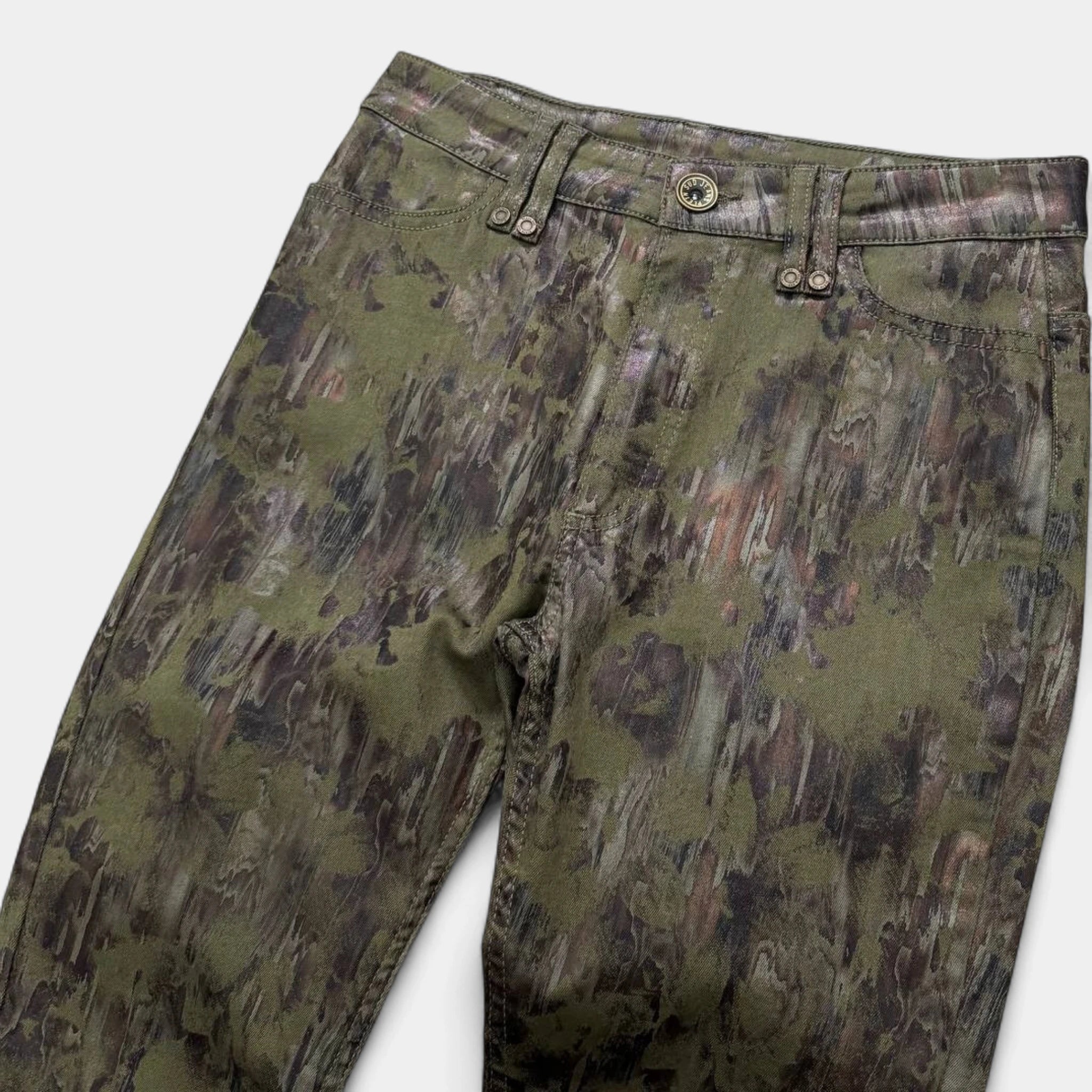 Plein Sud 2000's Olive Abstract Coated Straight-Leg Jeans