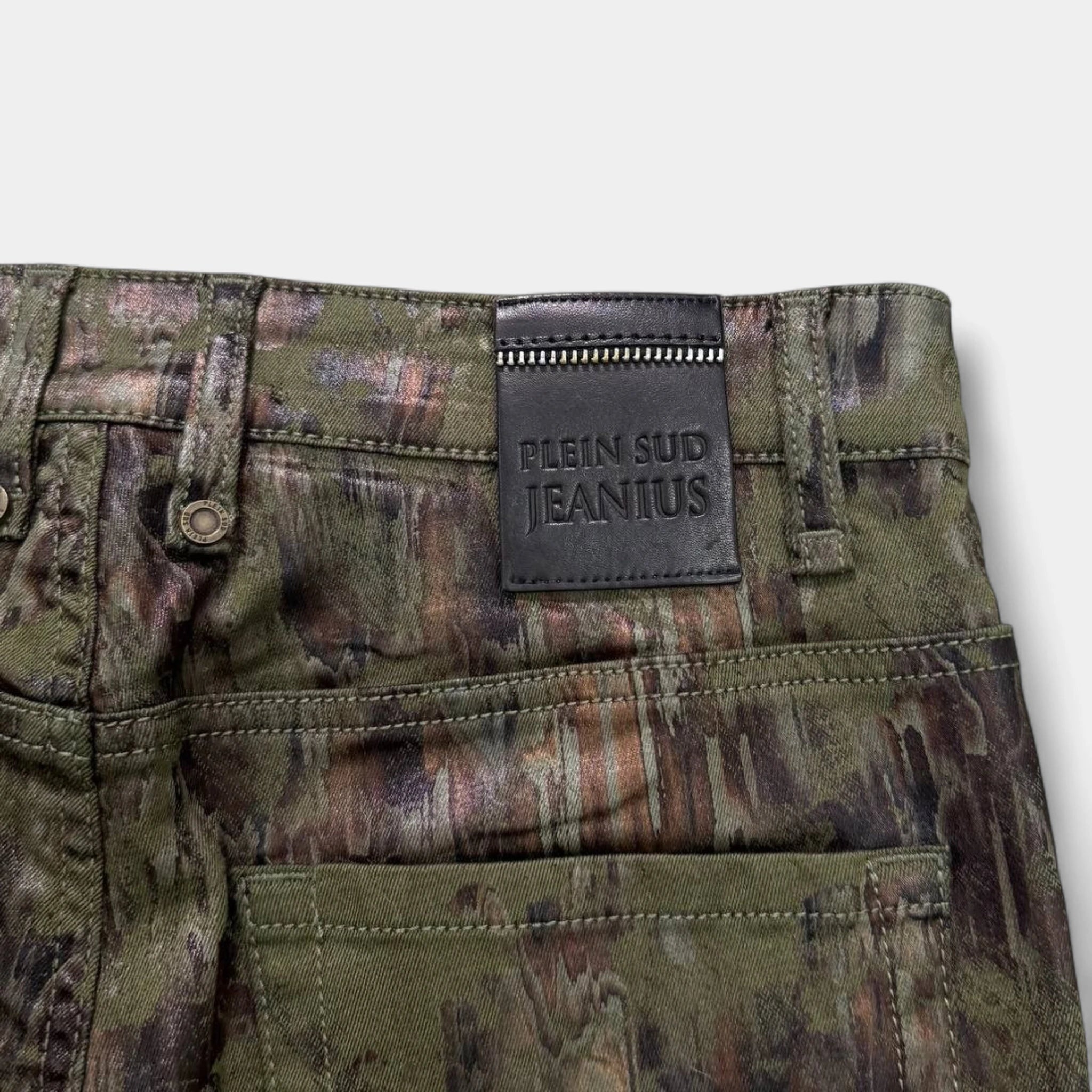 Plein Sud 2000's Olive Abstract Coated Straight-Leg Jeans