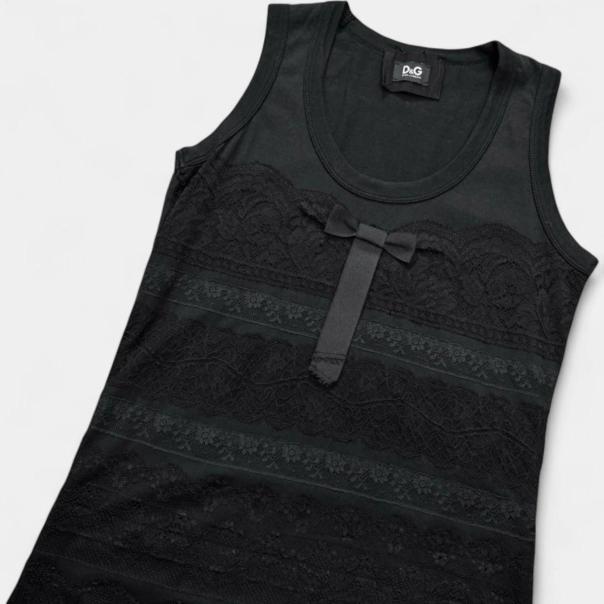 Dolce & Gabbana 2000s Lingerie Lace Bow Black Tank Top