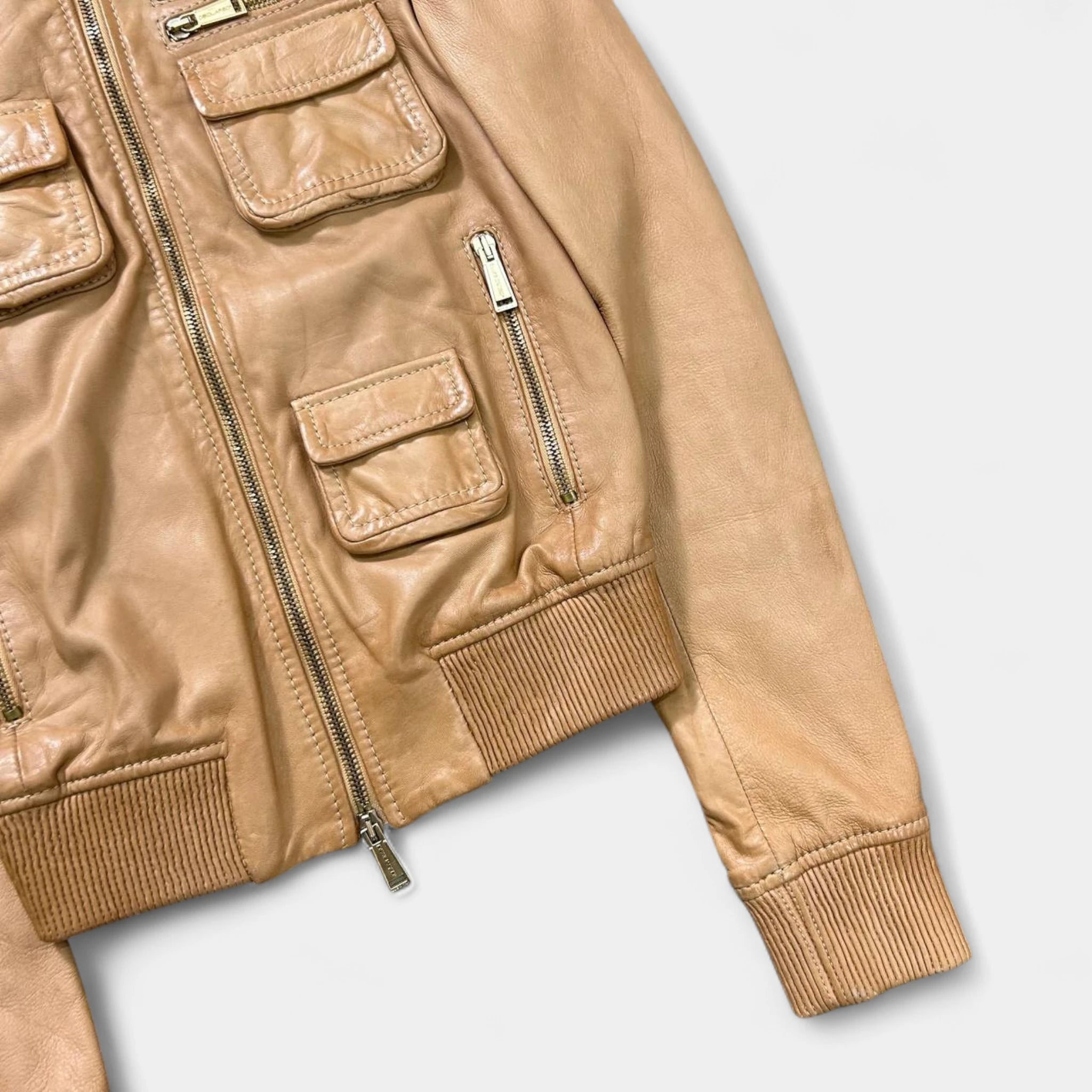 Dsquared2 Beige Leather Cargo Bomber Jacket