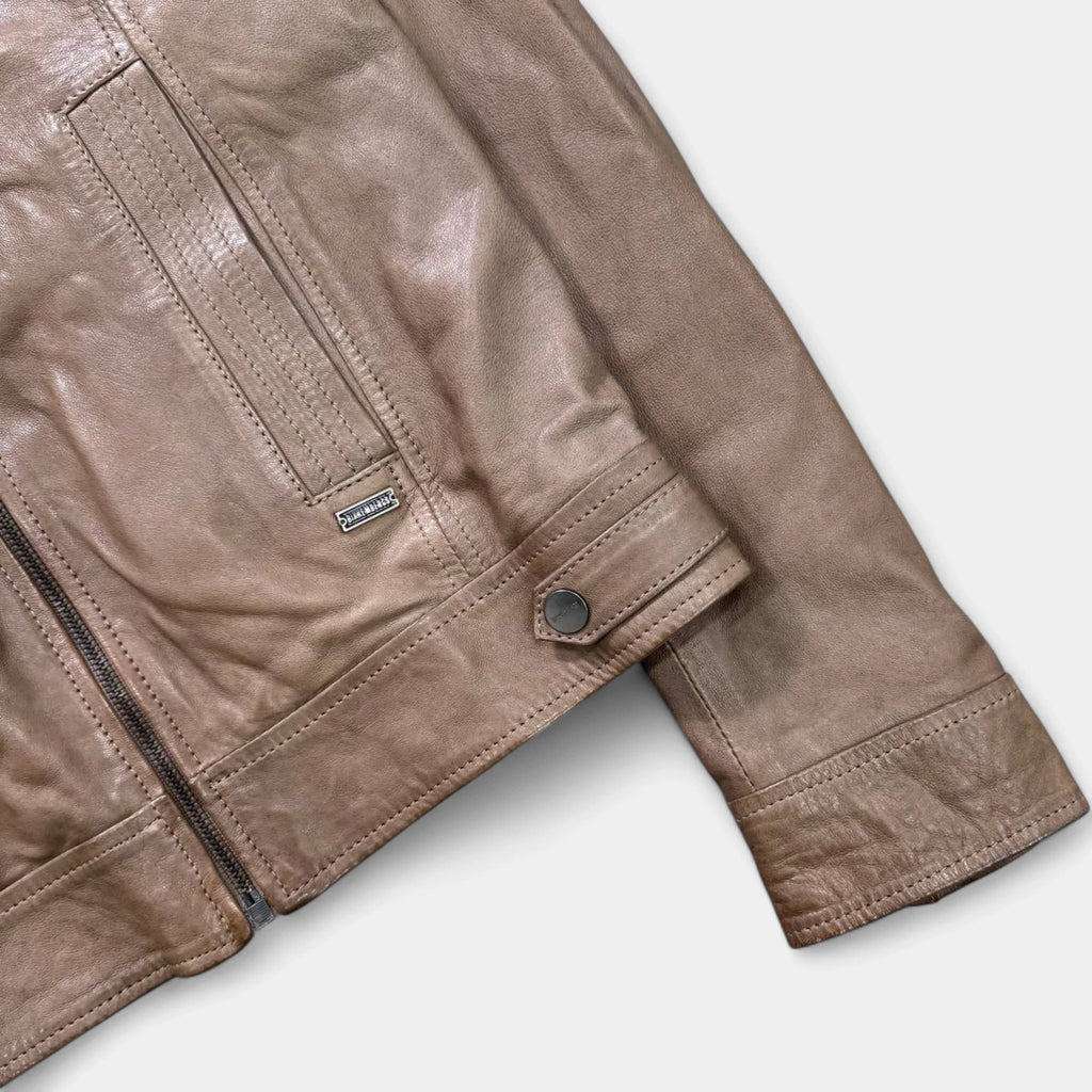 Dirk Bikkembergs Taupe Brown Leather Café Racer Moto Jacket