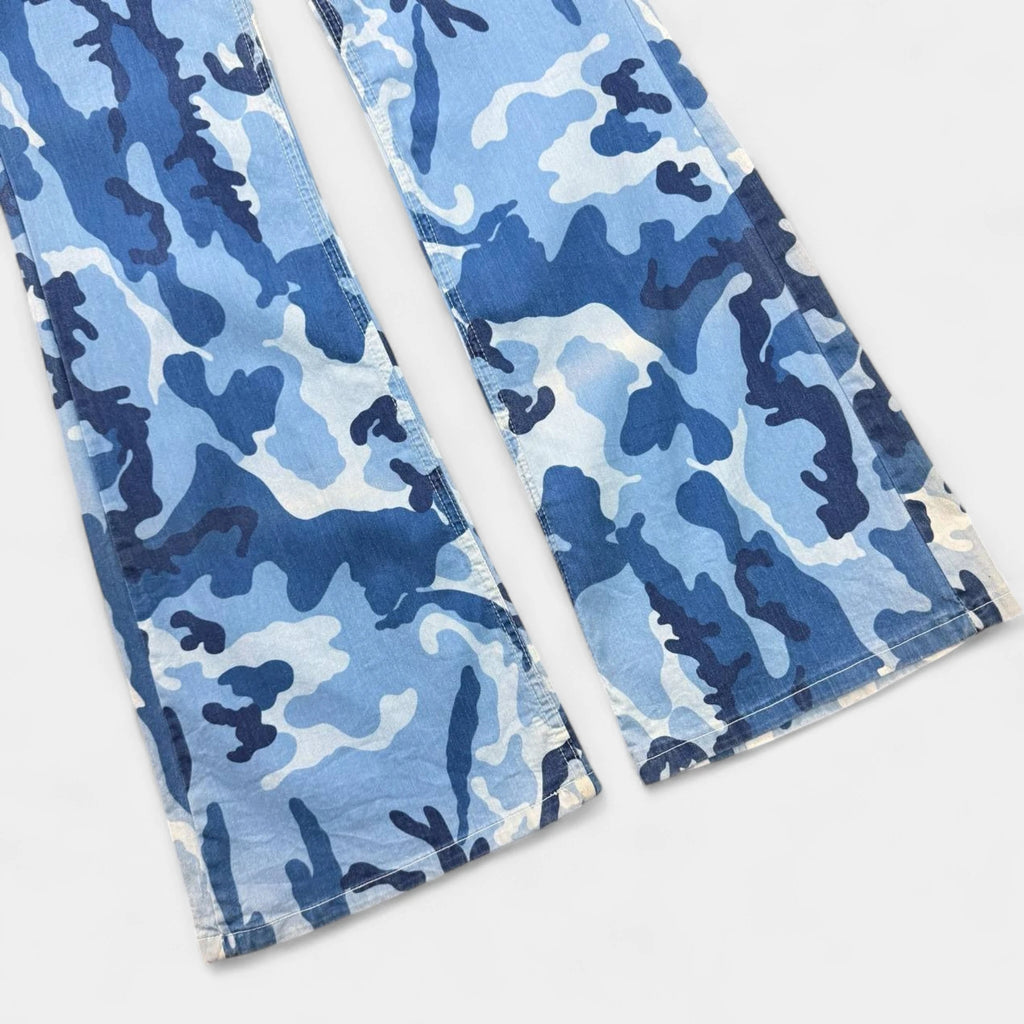 Just Cavalli 2000s Blue Camouflage Flared Denim Jeans