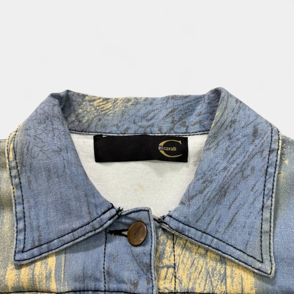 Just Cavalli Yellow Blue Snakeskin Print Trucker Jacket