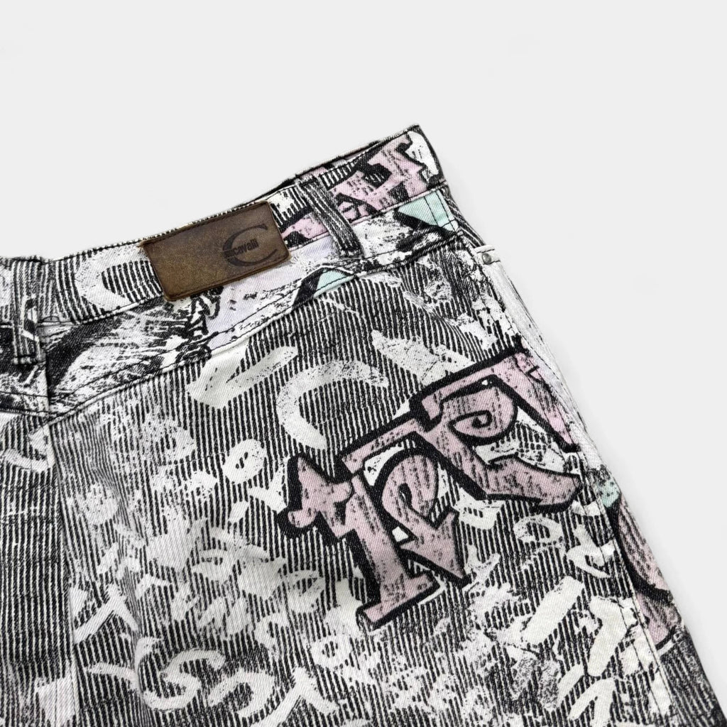 Just Cavalli 2000s Graffiti Print Denim Mini Skirt