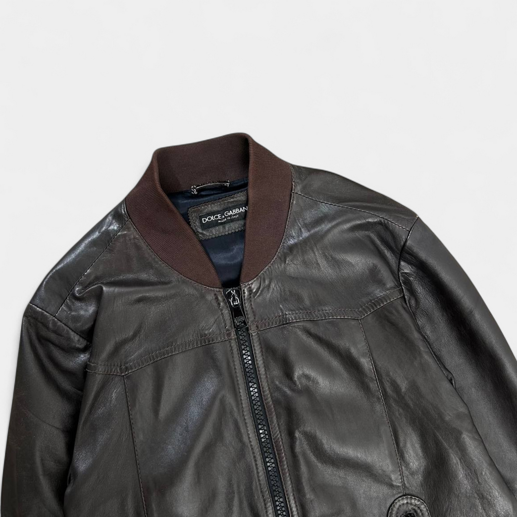Dolce & Gabbana Brown Leather Bomber Jacket