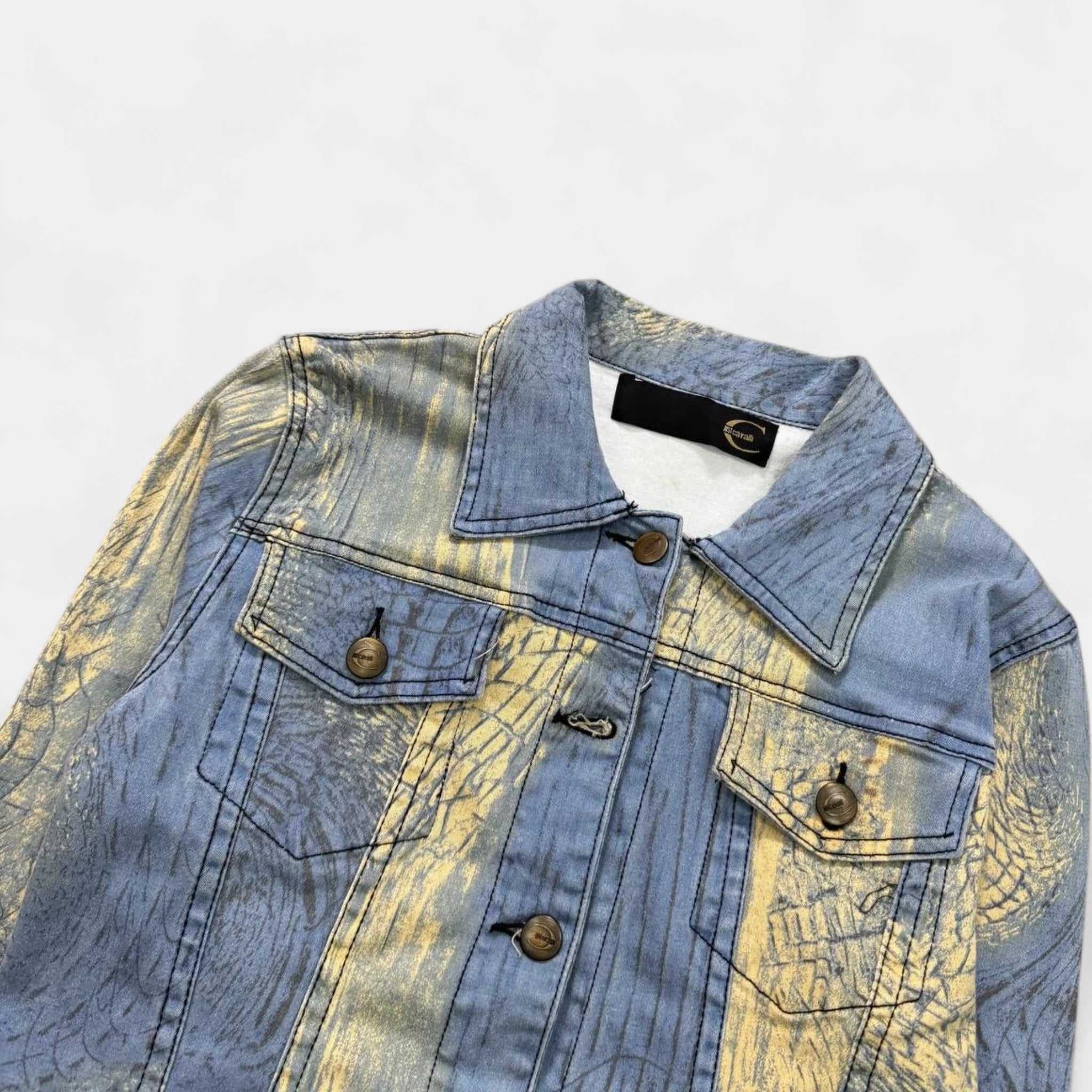 Just Cavalli Yellow Blue Snakeskin Print Trucker Jacket