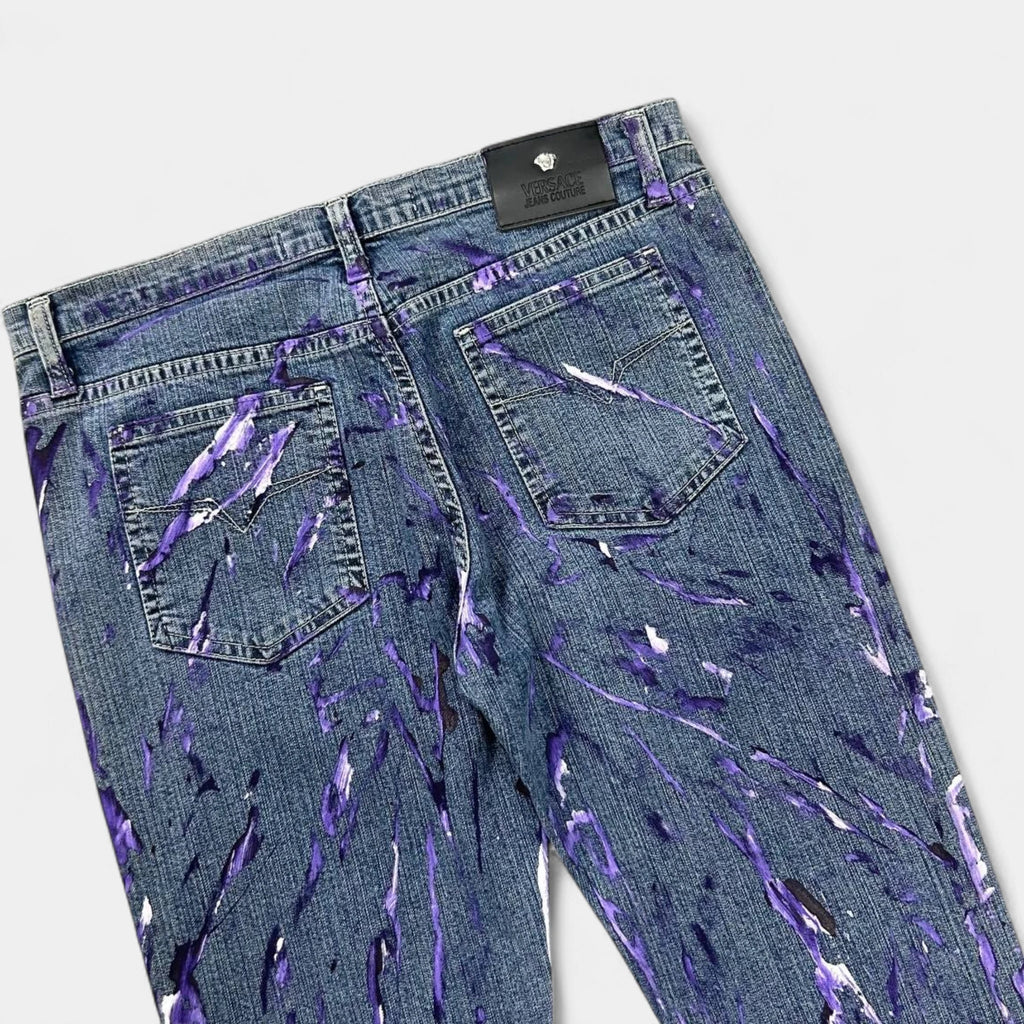 Versace Jeans Couture 2000s Blue Painted Denim Flared Pants