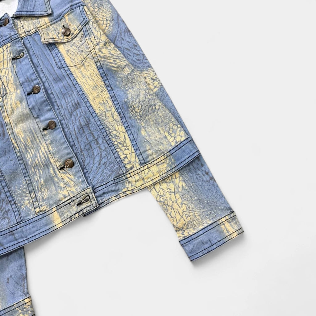 Just Cavalli Yellow Blue Snakeskin Print Trucker Jacket