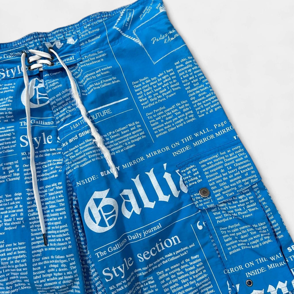 Galliano Newspaper Print Blue Swim Shorts