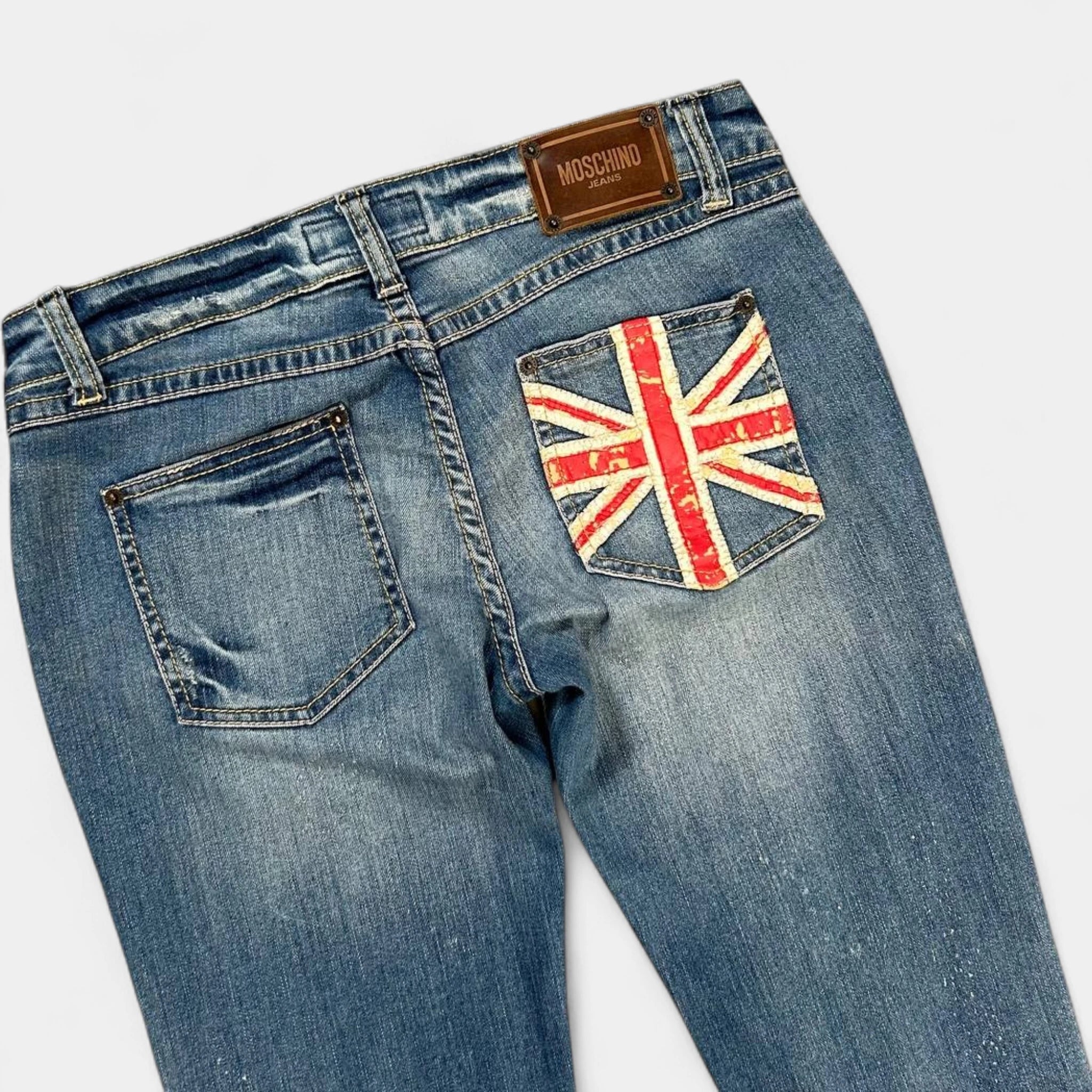 Moschino Vintage Straight Cut Union Jack Flag Blue Jeans