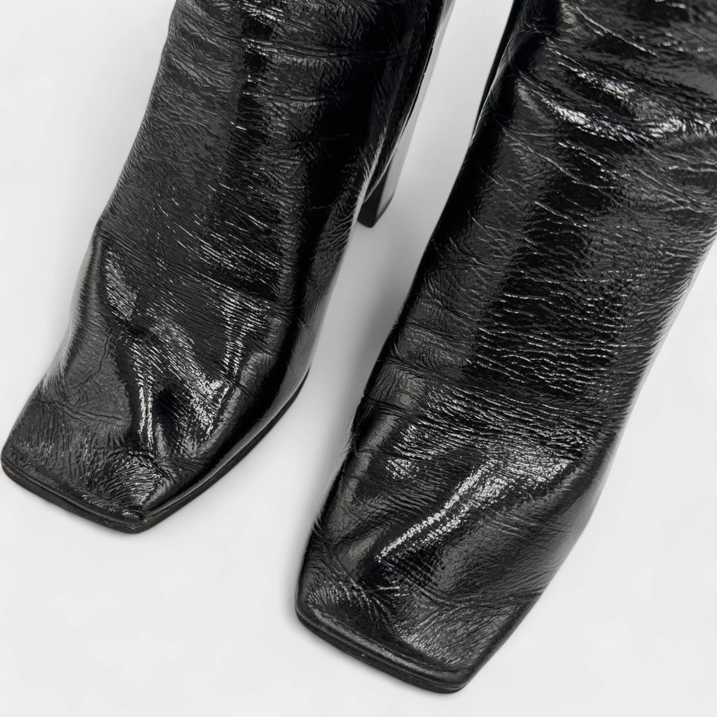 Balenciaga Black Crinkled Patent Leather Sculpted Block Heel Boots