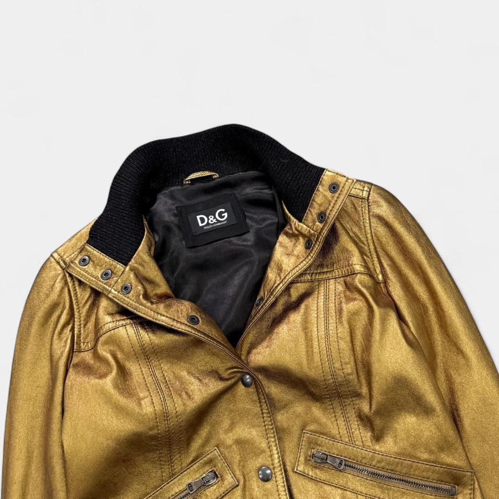 Dolce & Gabbana Metallic Gold Leather Bomber Jacket