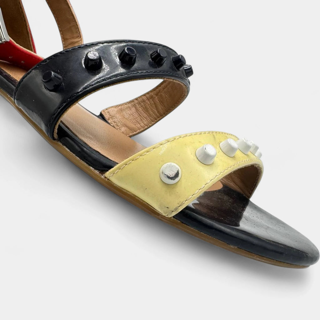 Armani Jeans Color-Block Studded Patent Leather Flat Sandals