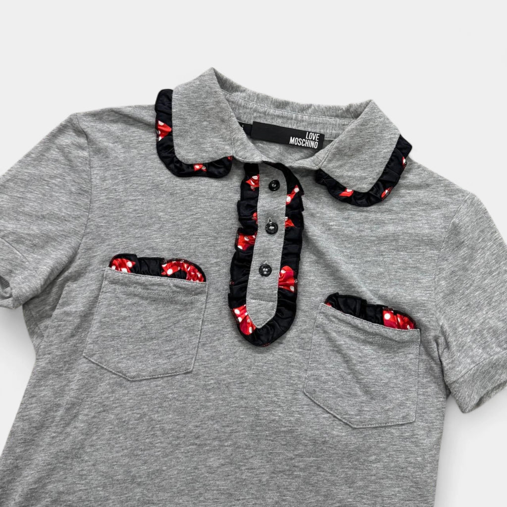 Love Moschino Grey Cotton Polo Shirt with Ruffled Flamenco Trim