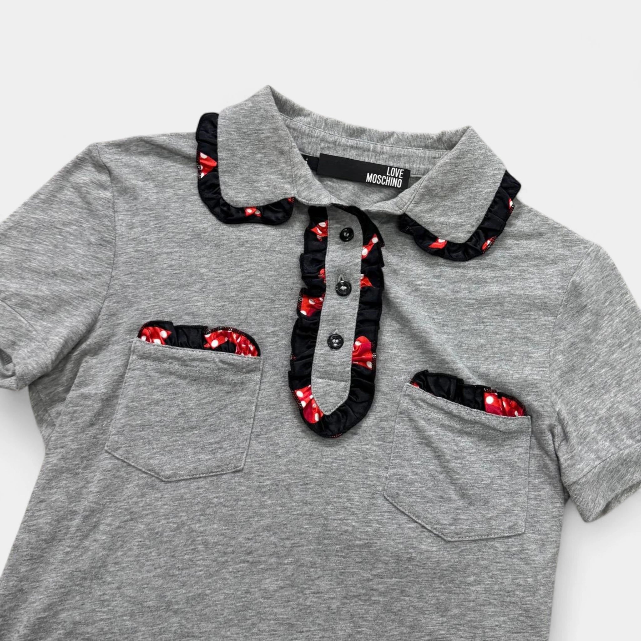 Love Moschino Grey Cotton Polo Shirt with Ruffled Flamenco Trim