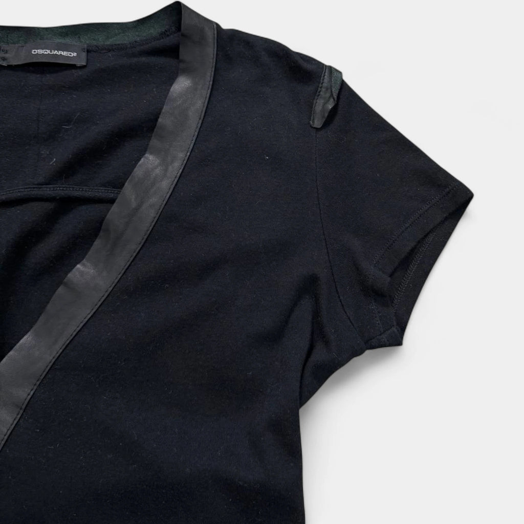 Dsquared2 Black Cotton V-Neck T-shirt with Leather Trim