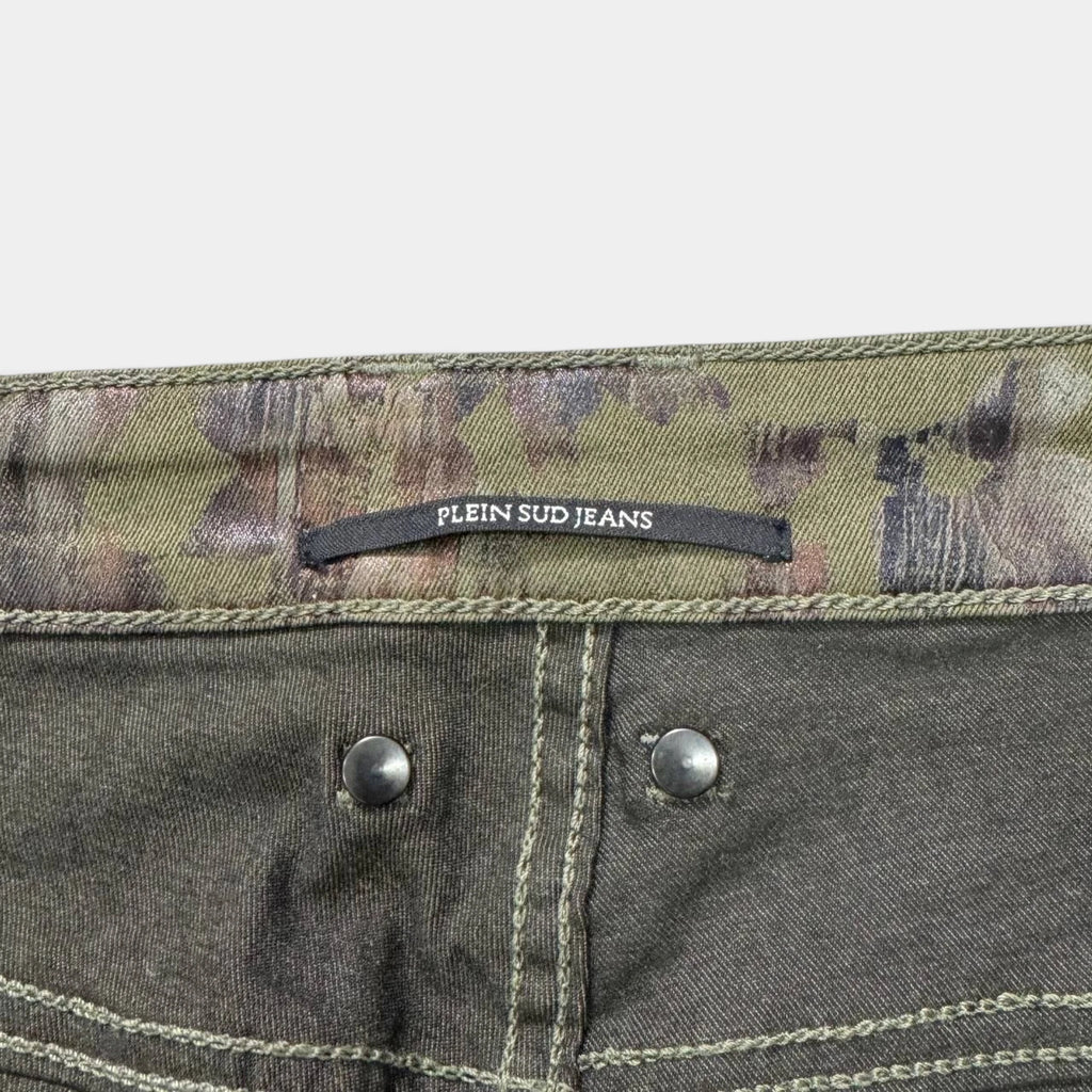 Plein Sud 2000's Olive Abstract Coated Straight-Leg Jeans