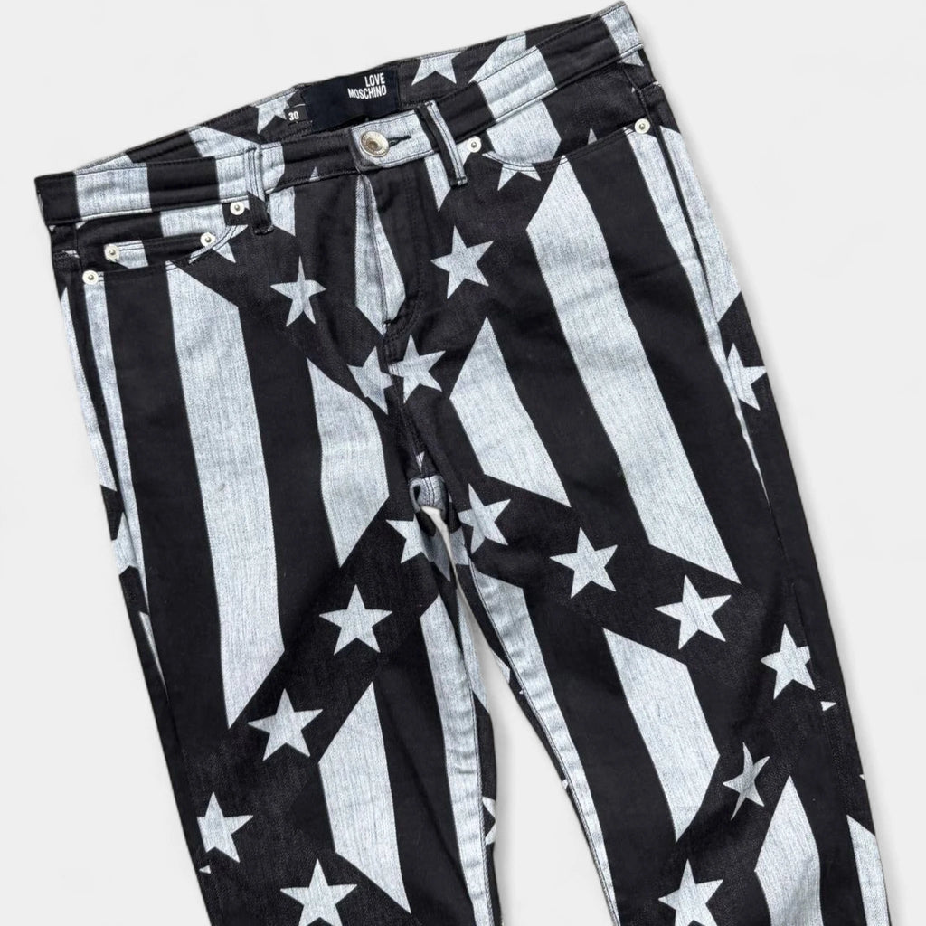 Love Moschino Denim Black and White Star Stripe Pants