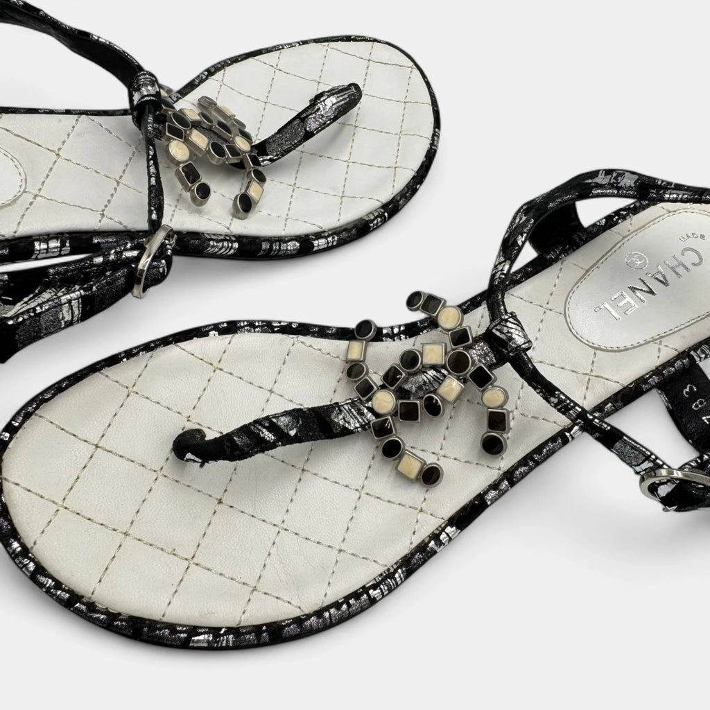 Chanel Quilted Leather Mosaic CC Logo T-Strap Sandals