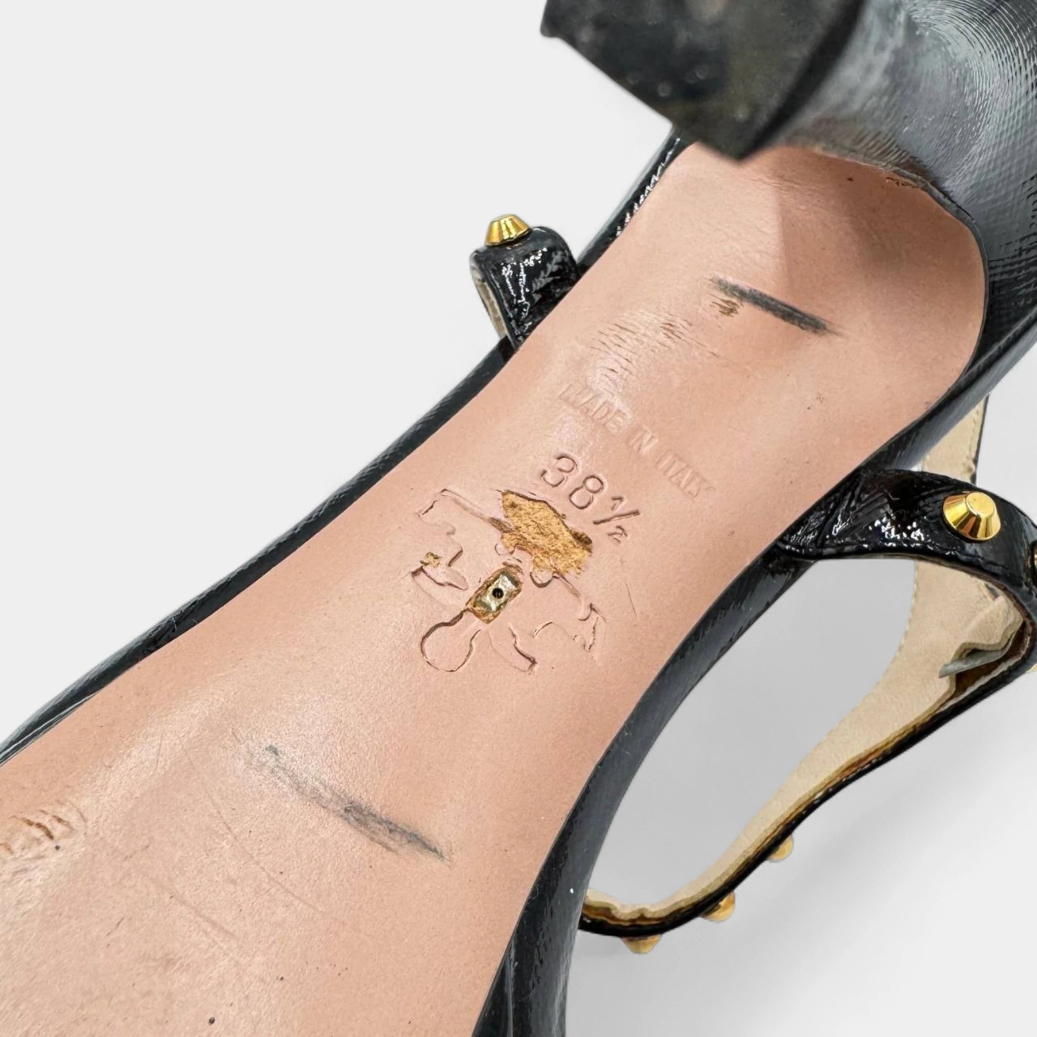 Prada 2010s Black Leather Gold Stud T-Strap Platform Sandals