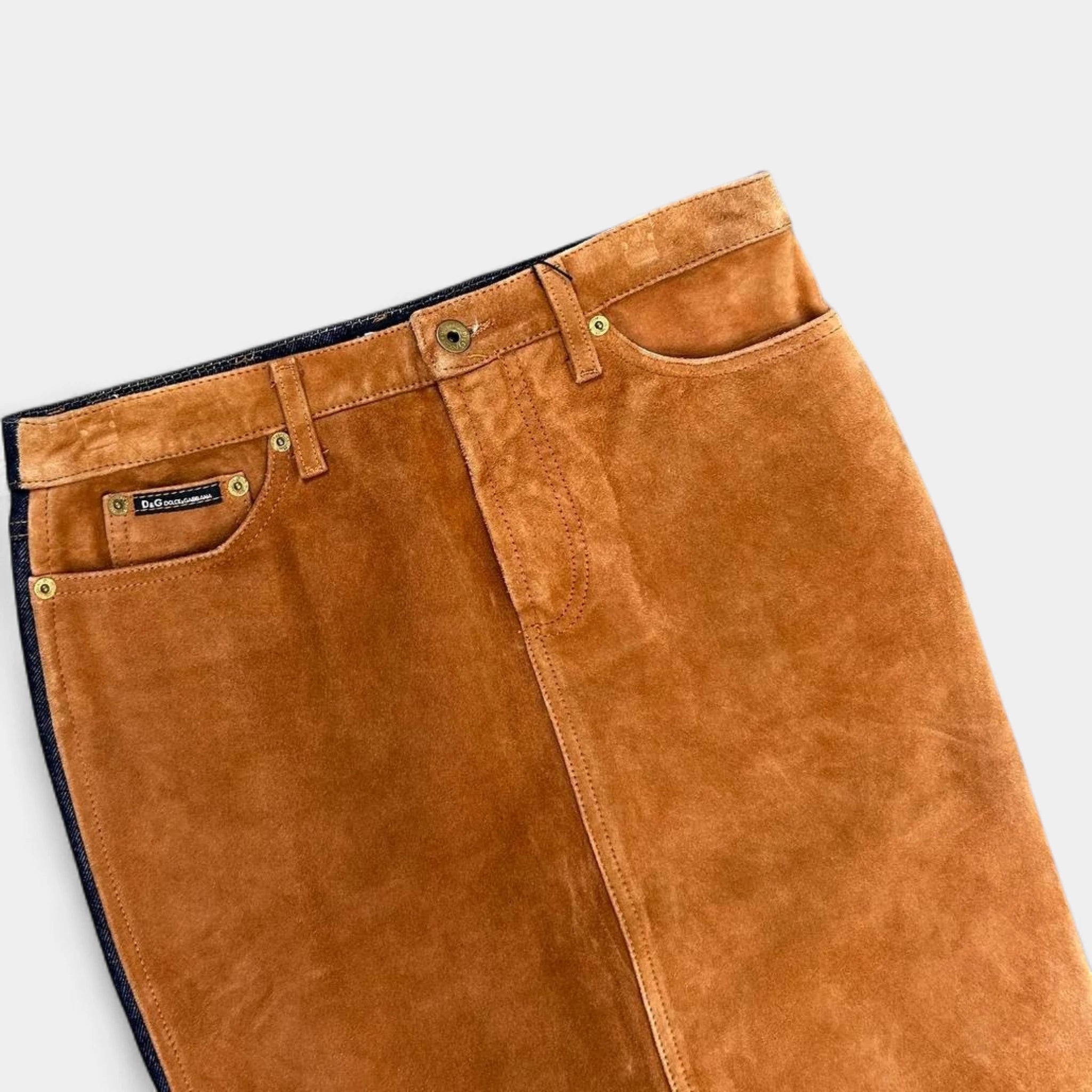 Dolce & Gabbana Hybrid Brown Suede and Blue Denim Long Skirt