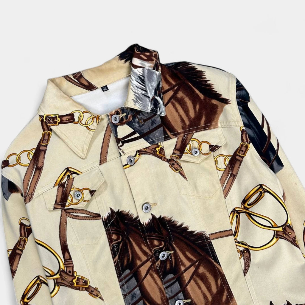 Dolce & Gabbana Rustic Beige Horse Print Denim Jacket