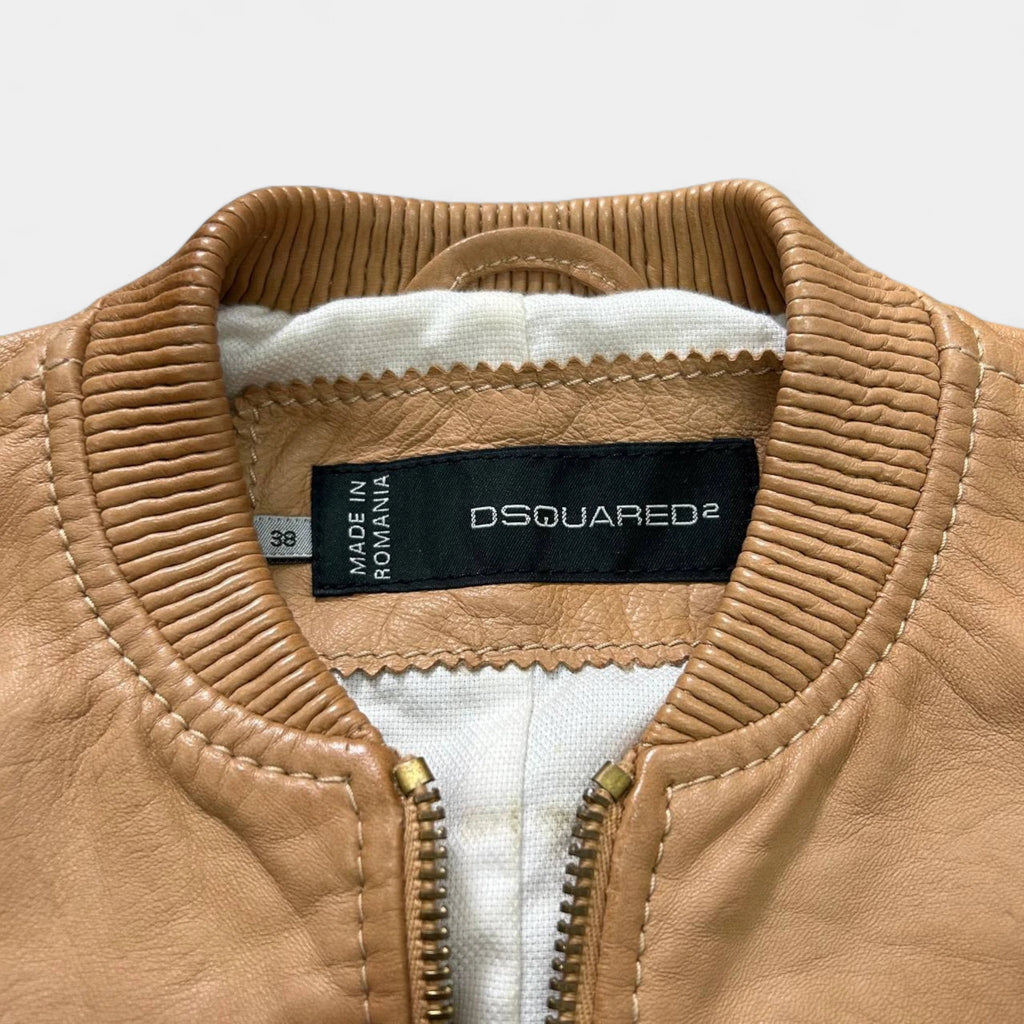 Dsquared2 Beige Leather Cargo Bomber Jacket