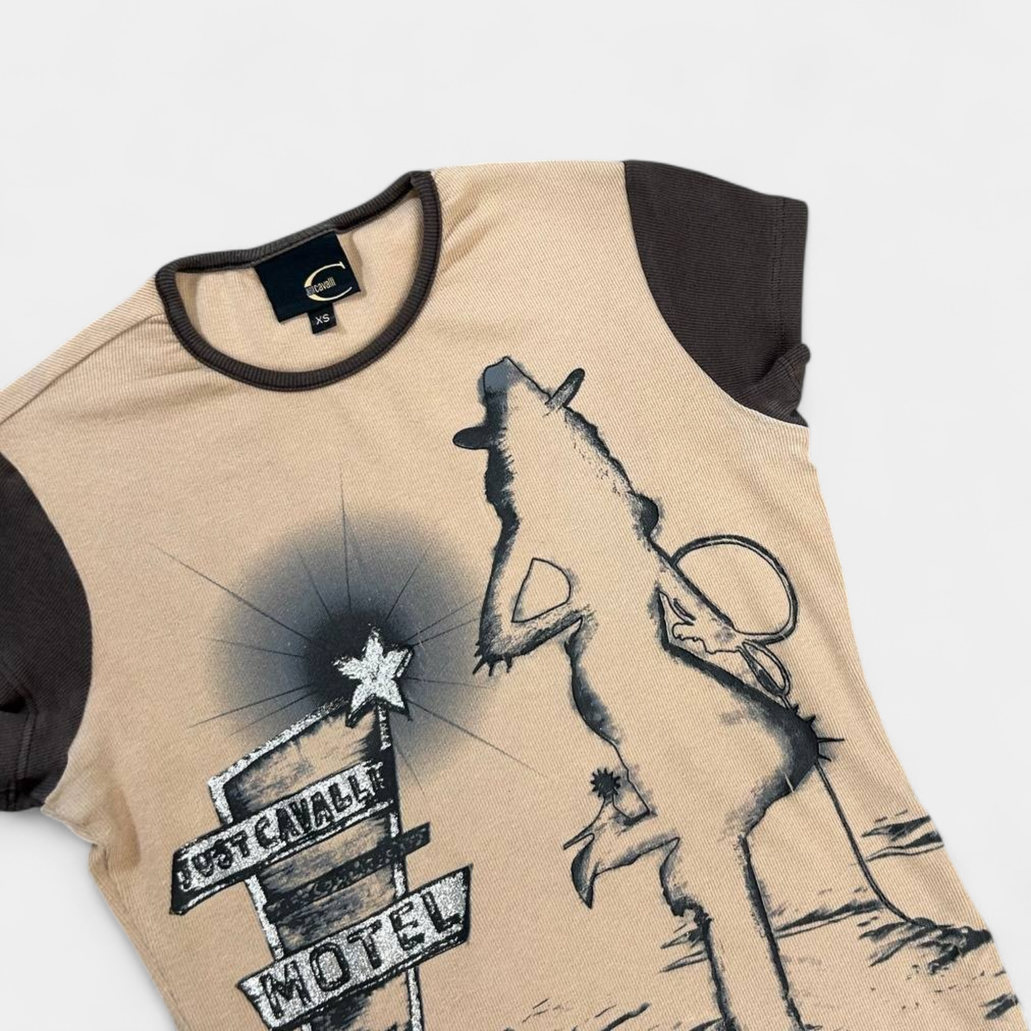 Roberto Cavalli Slim Cowboy Print Beige Brown T-Shirt
