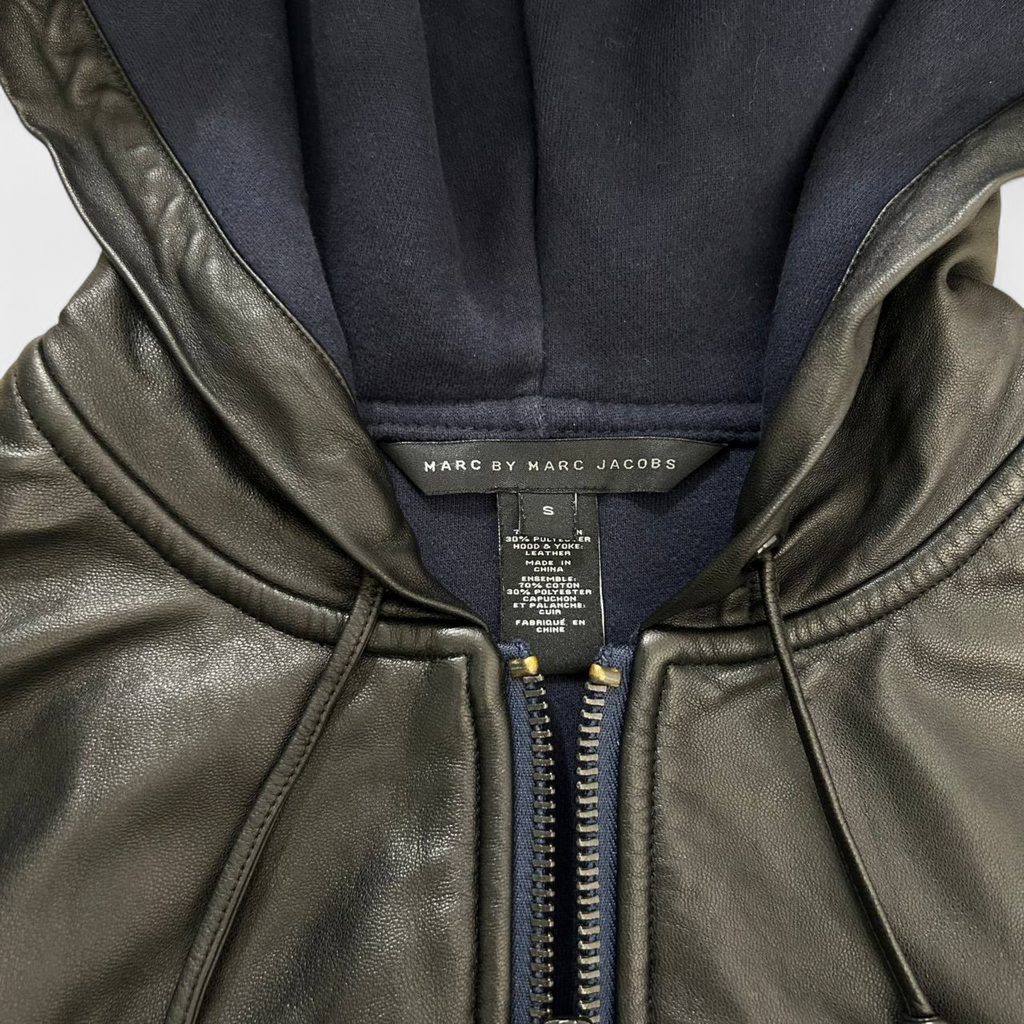 Marc Jacobs Leather Hooded Navy Blue Sweatshirt Jacket