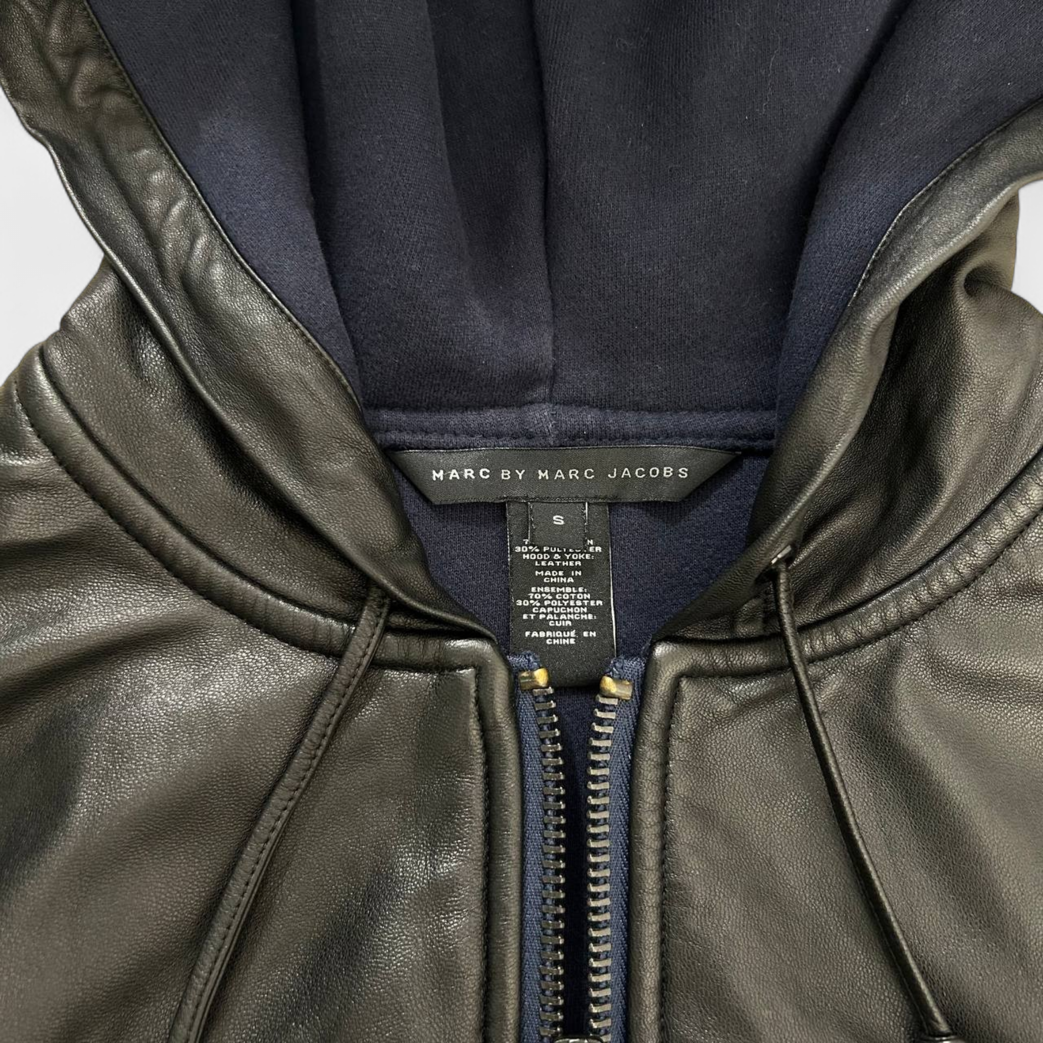 Marc Jacobs Leather Hooded Navy Blue Sweatshirt Jacket