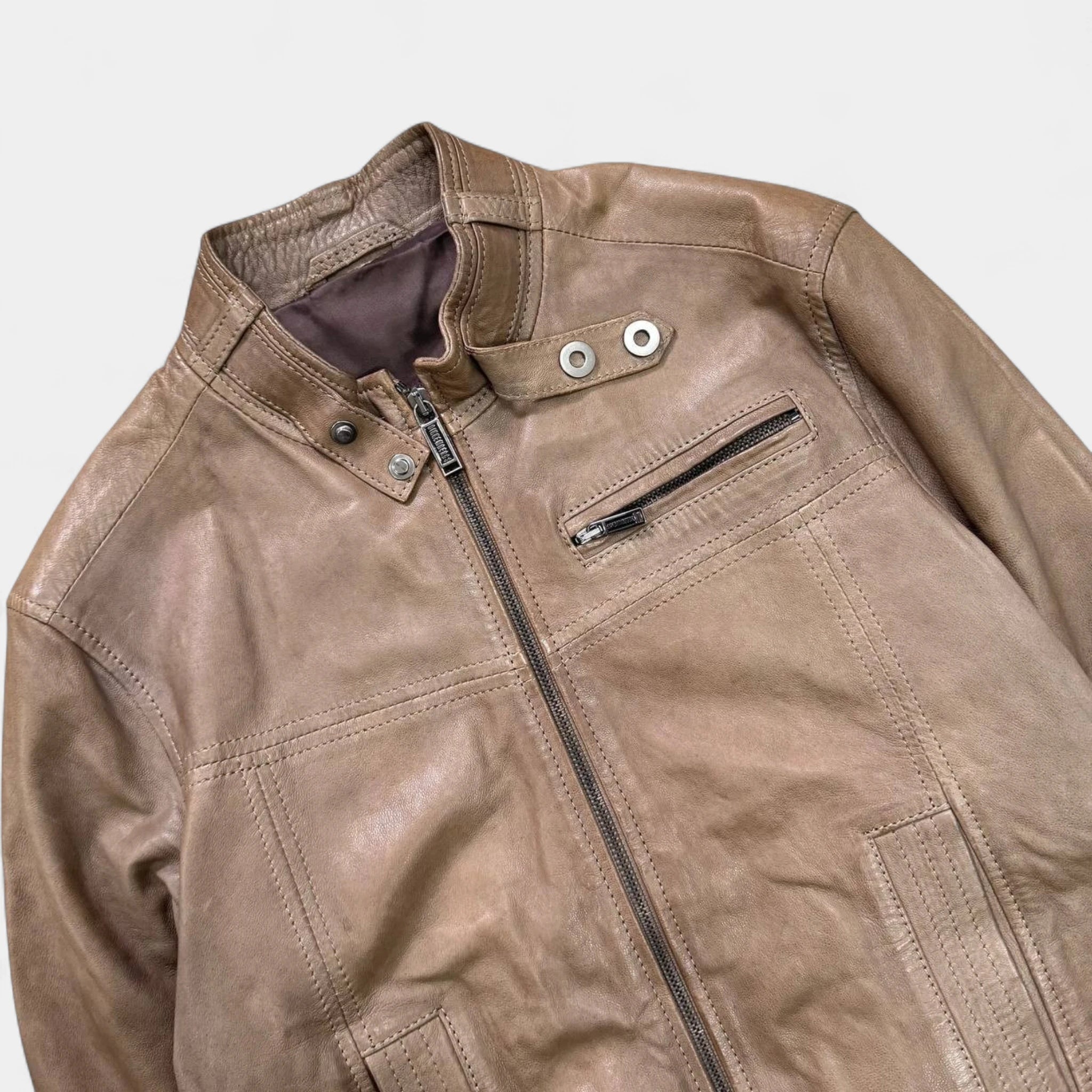 Dirk Bikkembergs Taupe Brown Leather Café Racer Moto Jacket